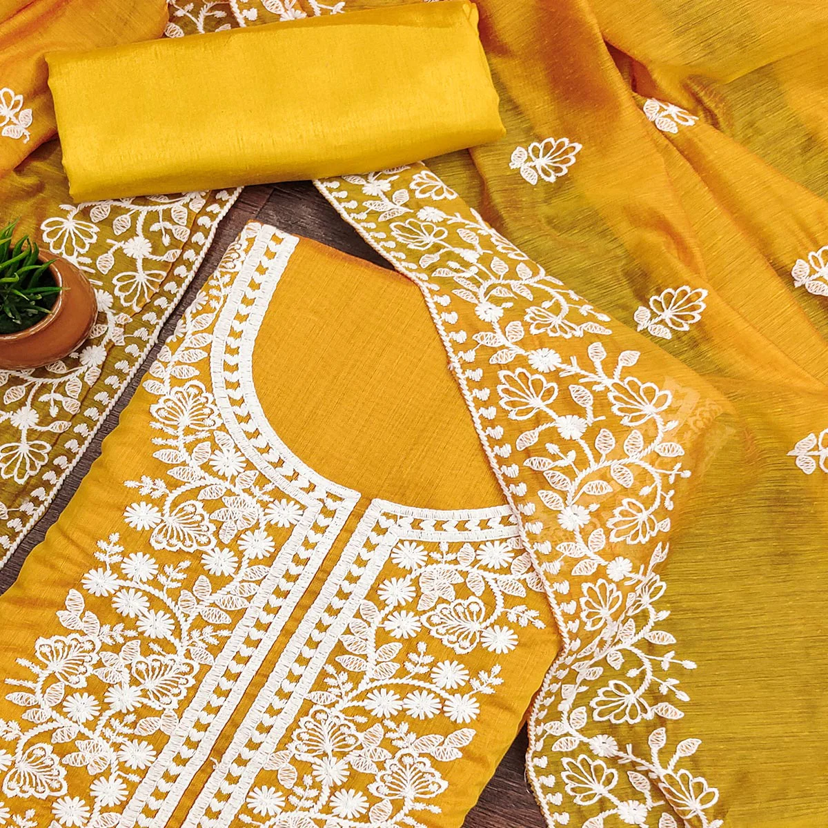 Mustard Floral Embroidered Chanderi Cotton Dress Material - Image 2