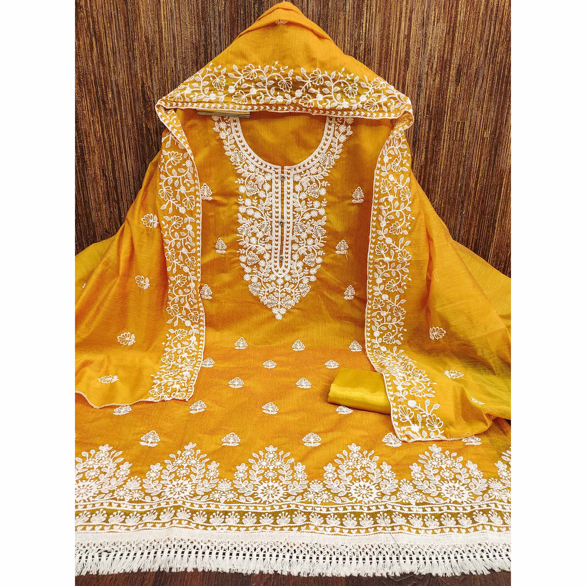 Mustard Floral Embroidered Chanderi Cotton Dress Material - Image 3