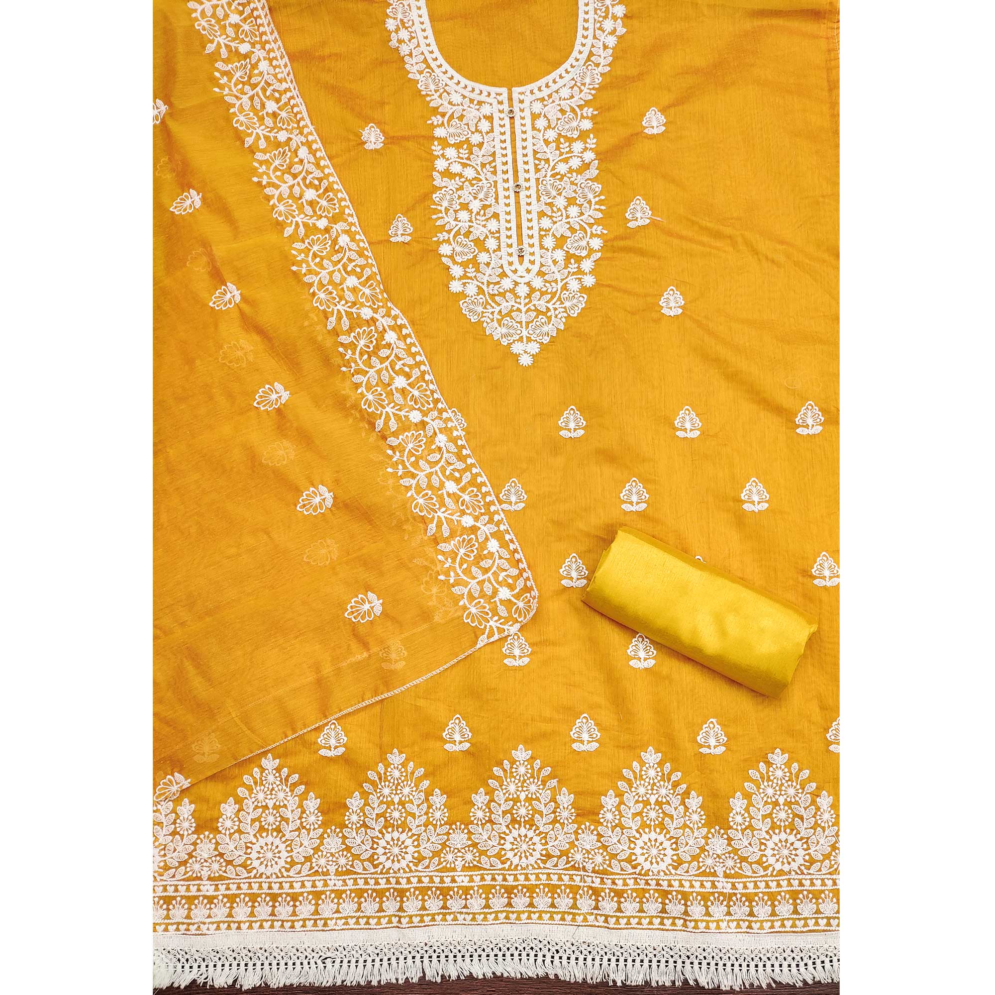 Mustard Floral Embroidered Chanderi Cotton Dress Material - Image 4