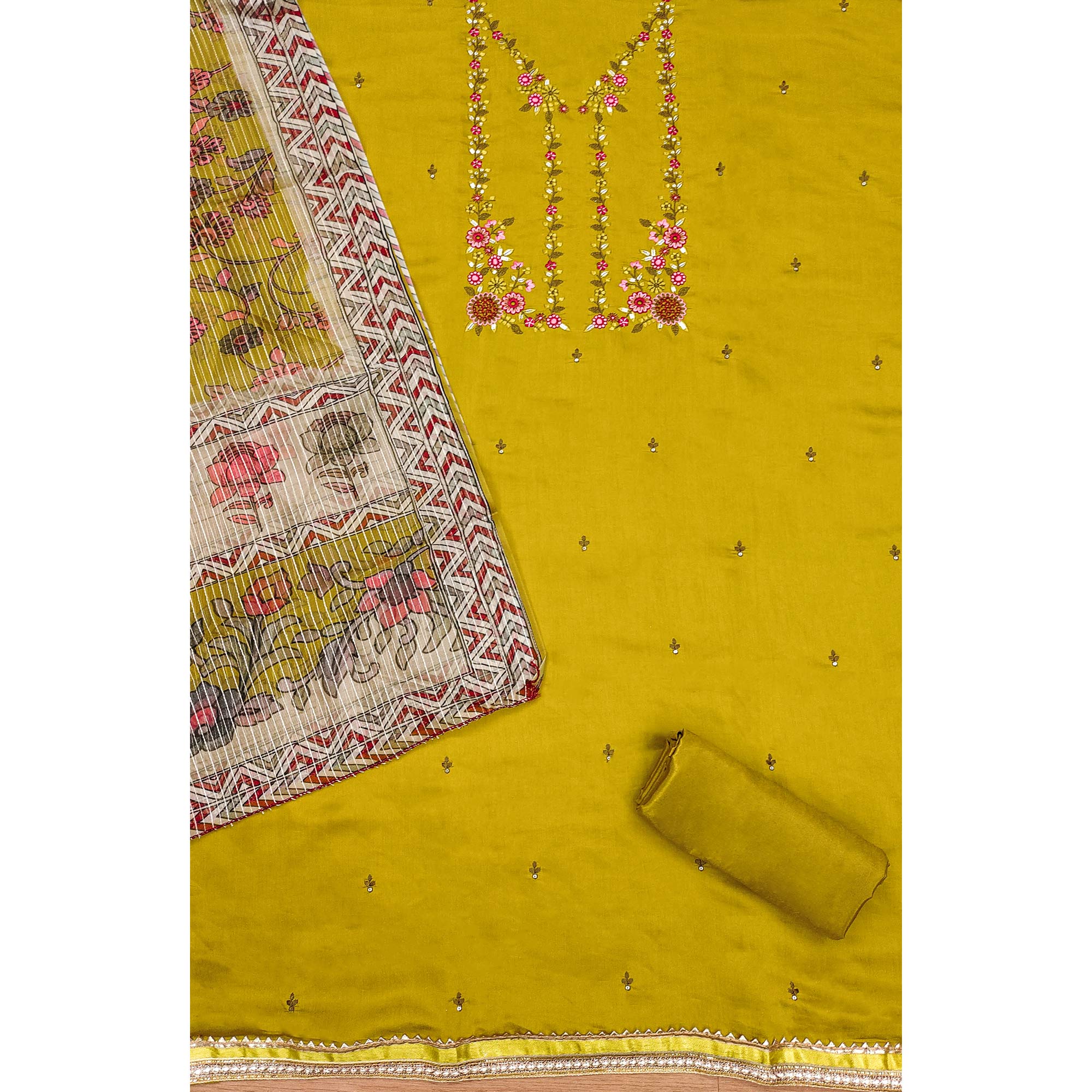 Mustard Floral Embroidered Chanderi Silk Dress Material - Image 4