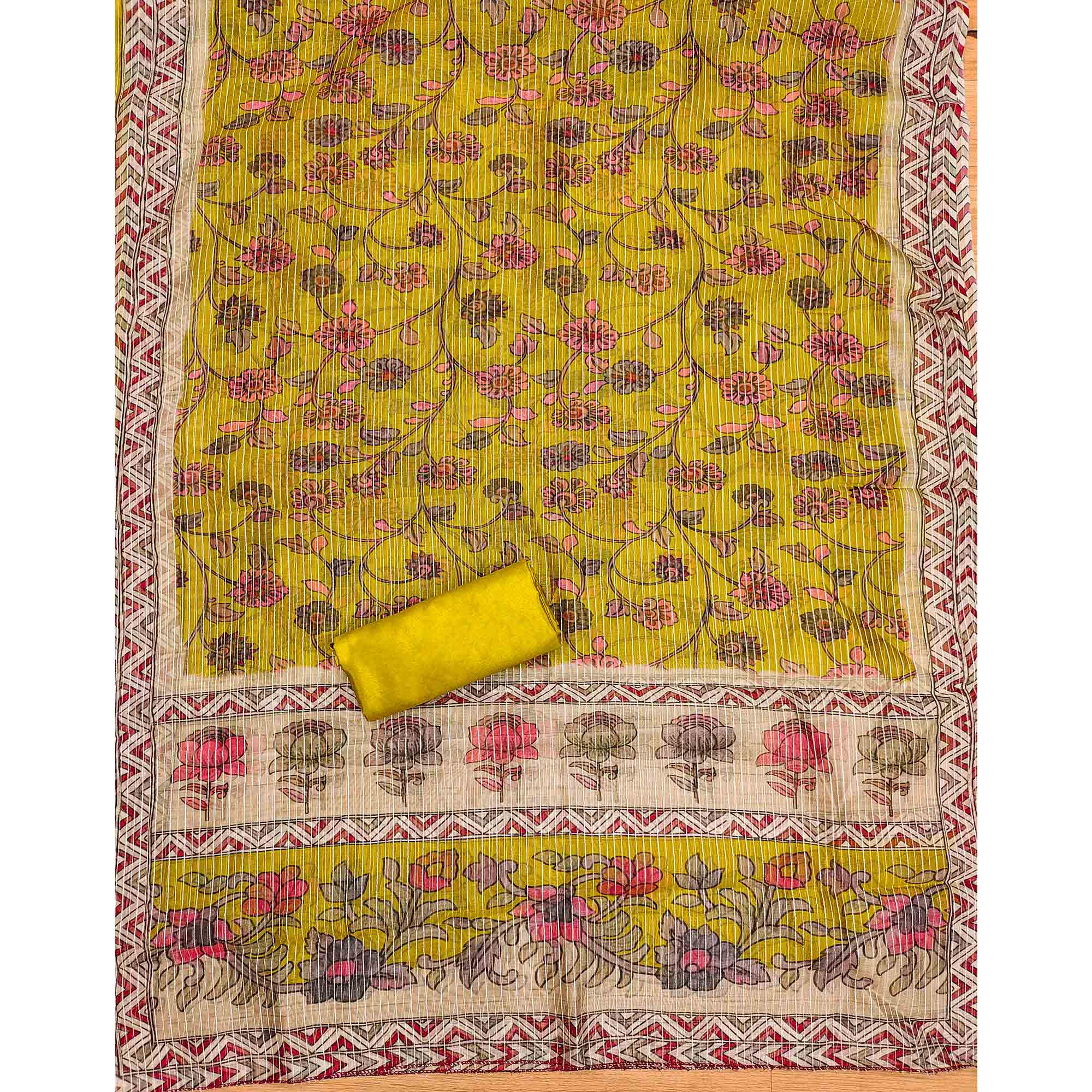 Mustard Floral Embroidered Chanderi Silk Dress Material - Image 5