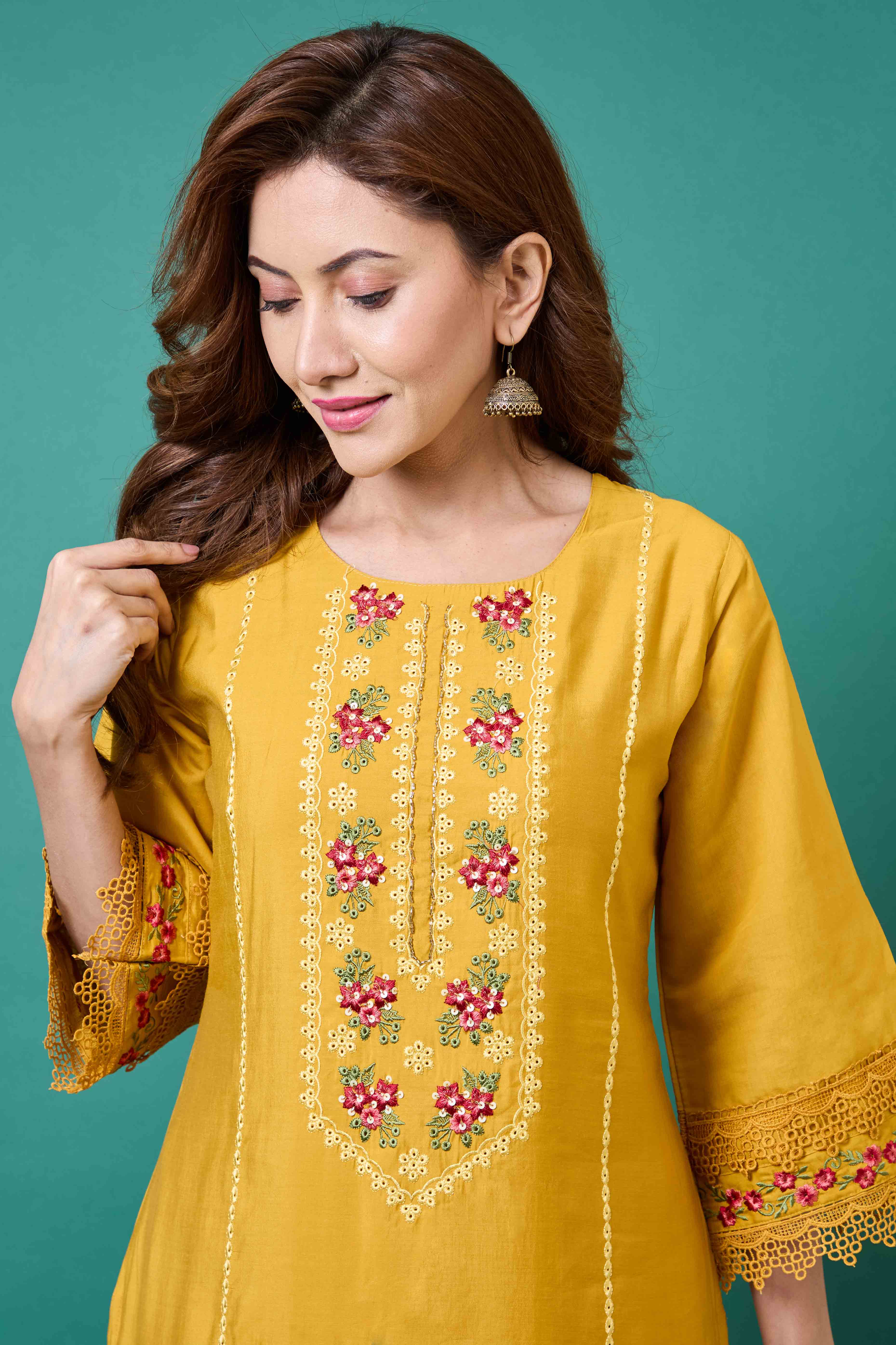 Mustard Floral Embroidered Chanderi Silk Salwar Suit - Image 2
