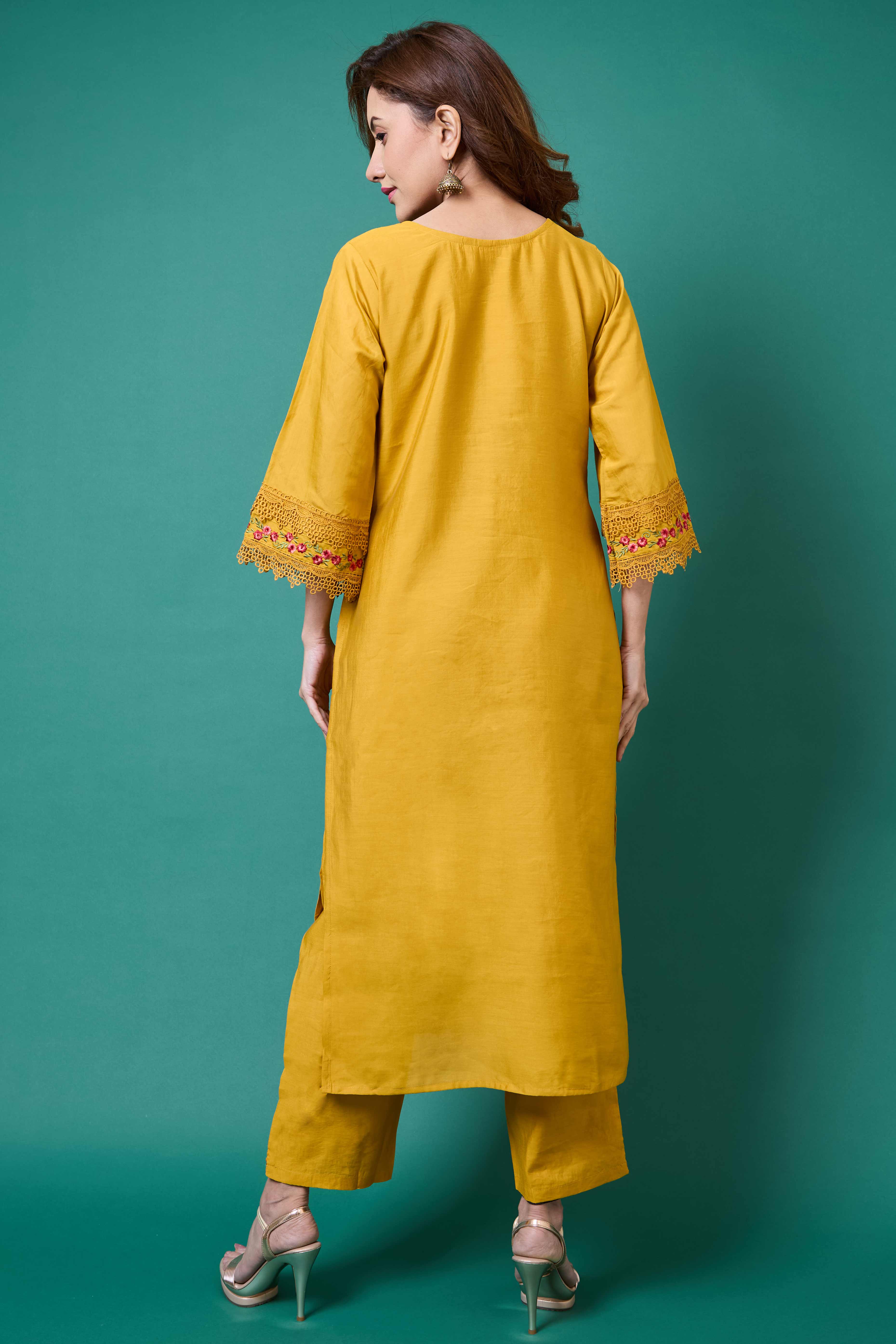 Mustard Floral Embroidered Chanderi Silk Salwar Suit - Image 3