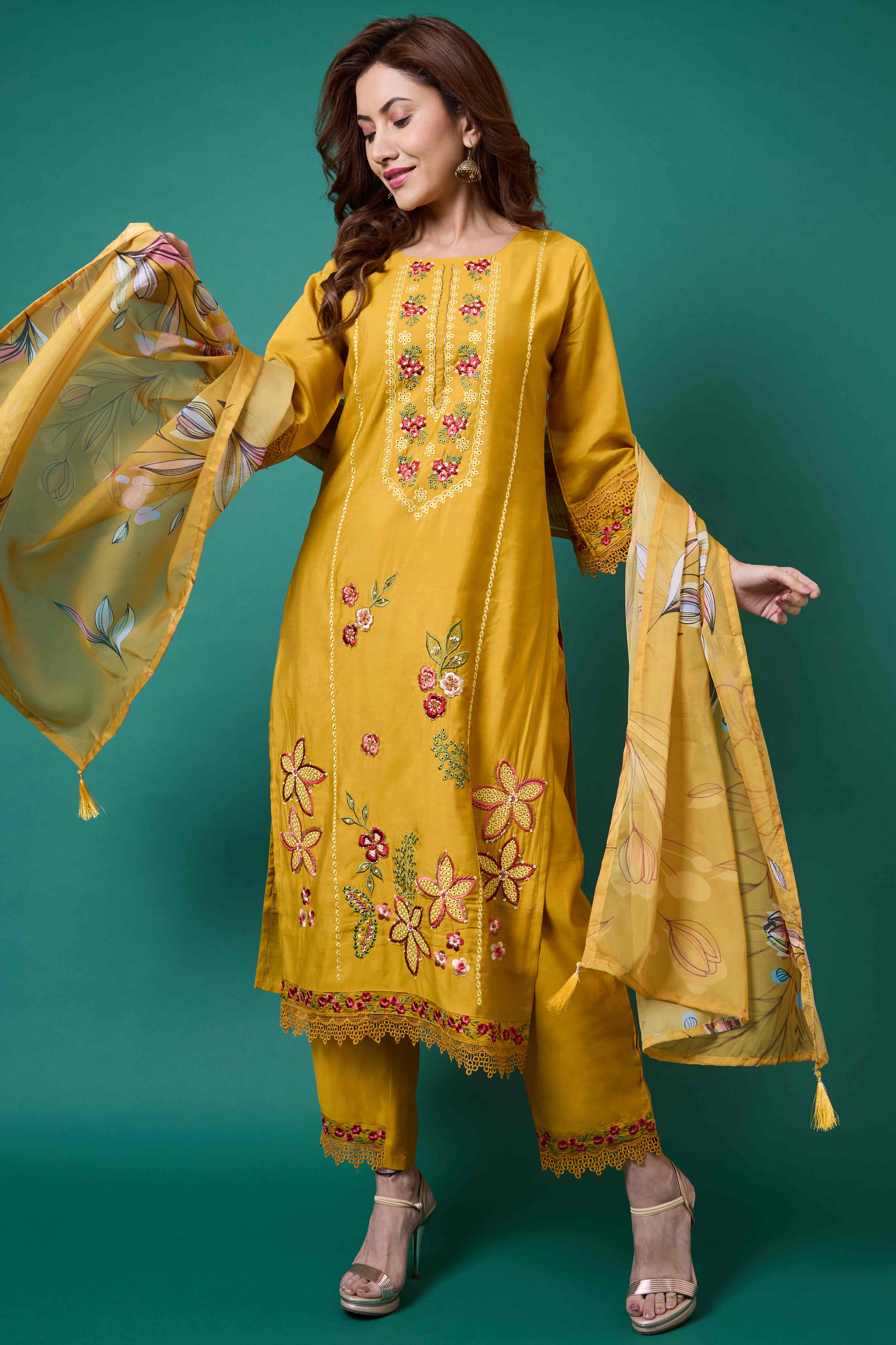 Mustard Floral Embroidered Chanderi Silk Salwar Suit - Image 8