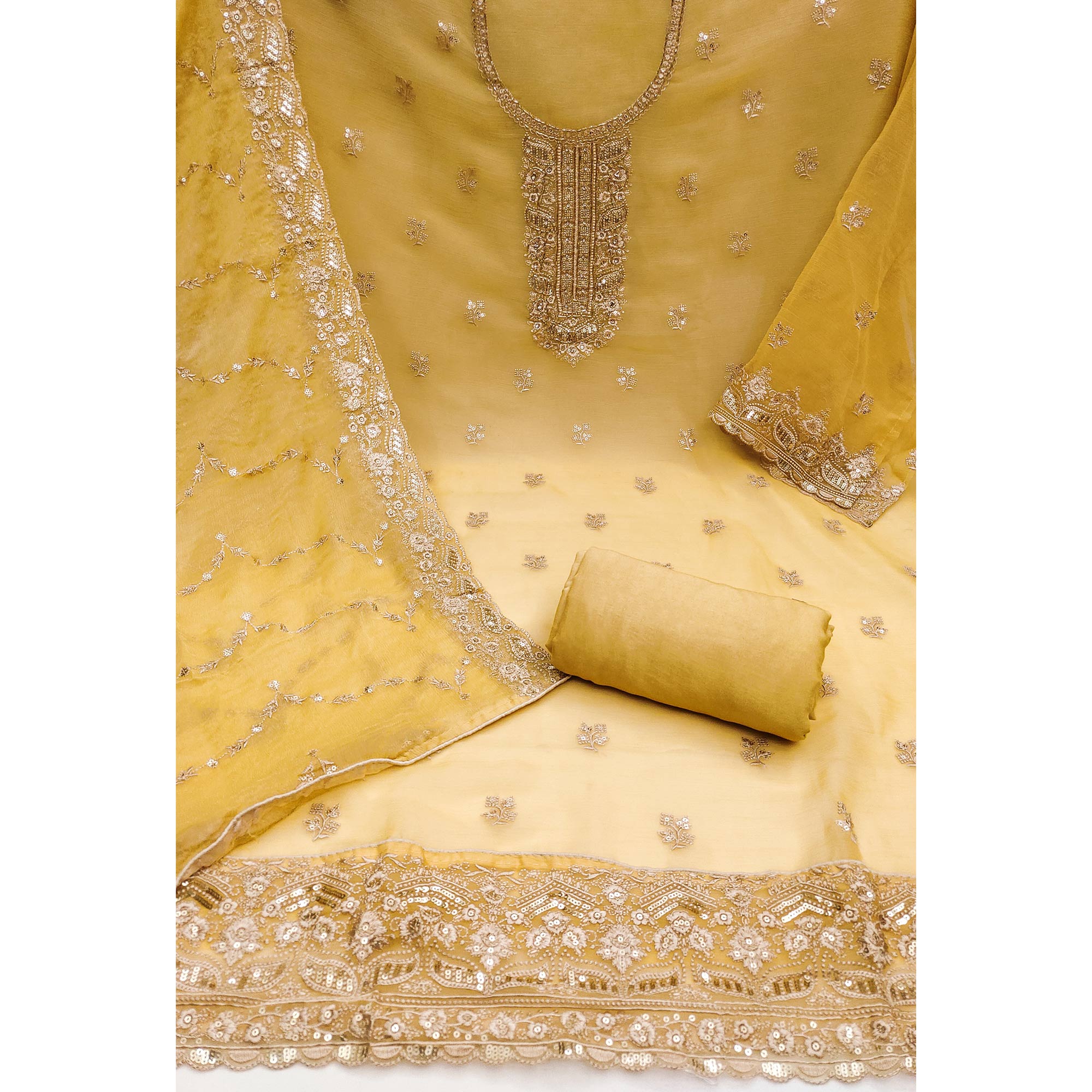 Mustard Floral Embroidered Chiffon Dress Material - Image 3