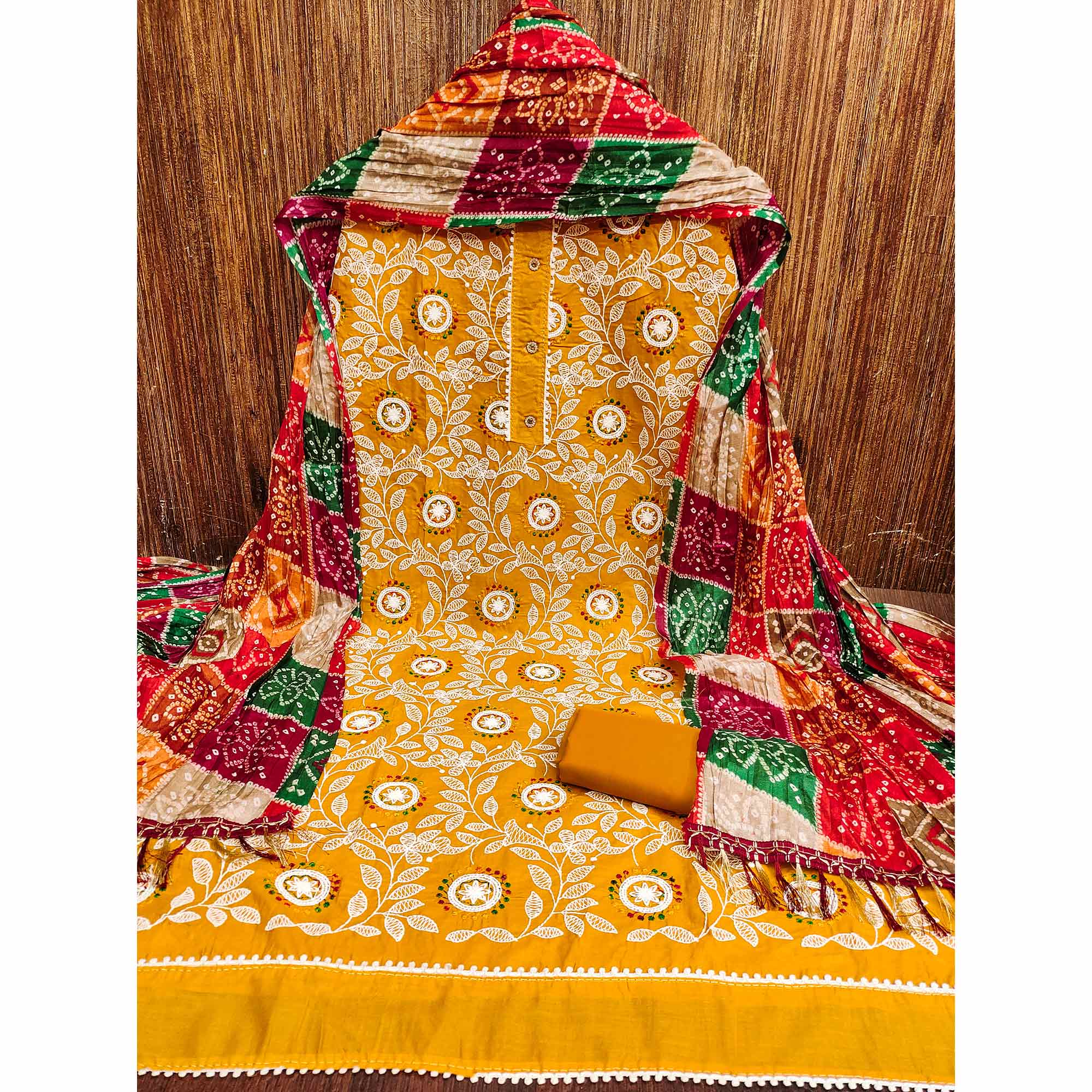 Mustard Floral Embroidered Cotton Blend Dress Material - Image 3
