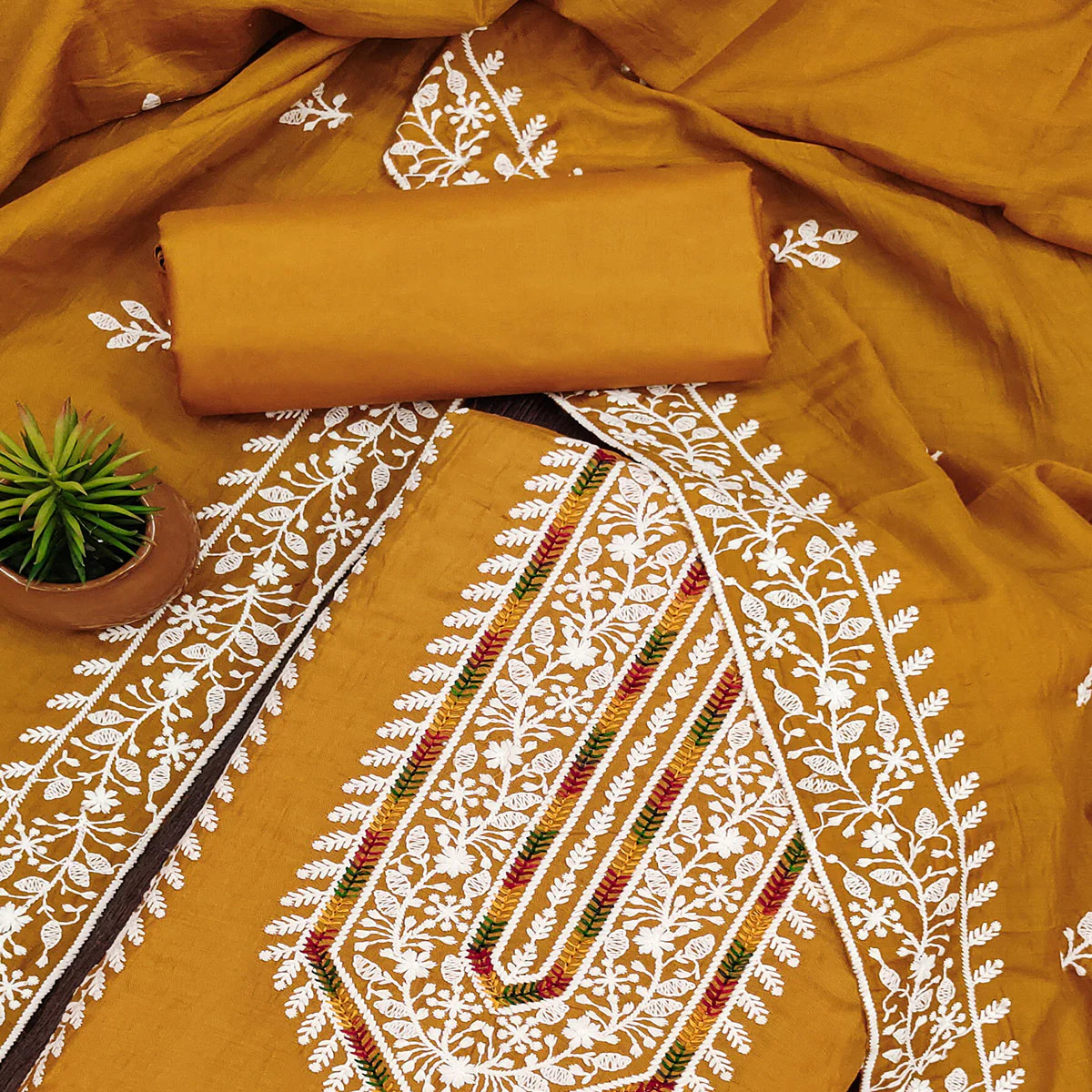Mustard Floral Embroidered Cotton Silk Dress Material - Image 2