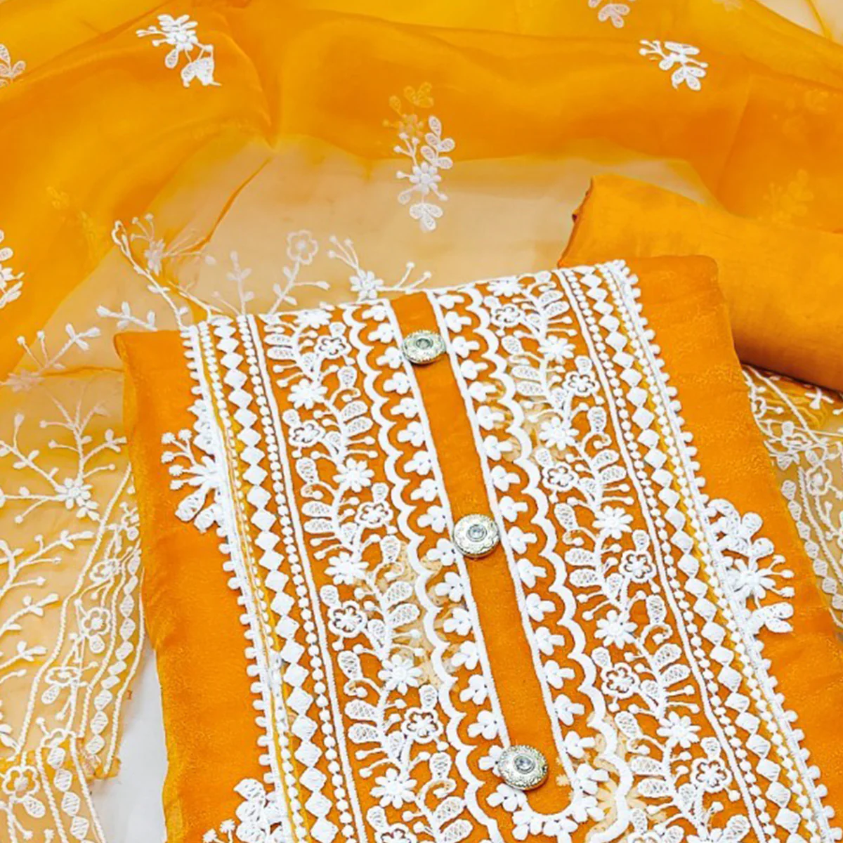Mustard Floral Embroidered Organza Dress Material - Image 2