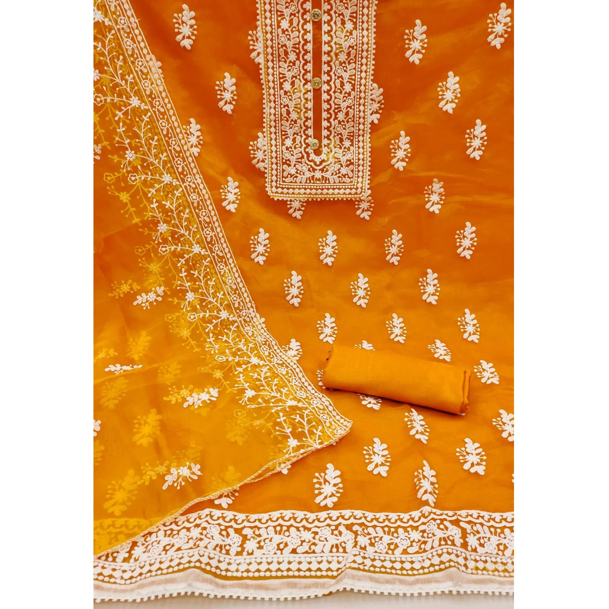 Mustard Floral Embroidered Organza Dress Material - Image 3