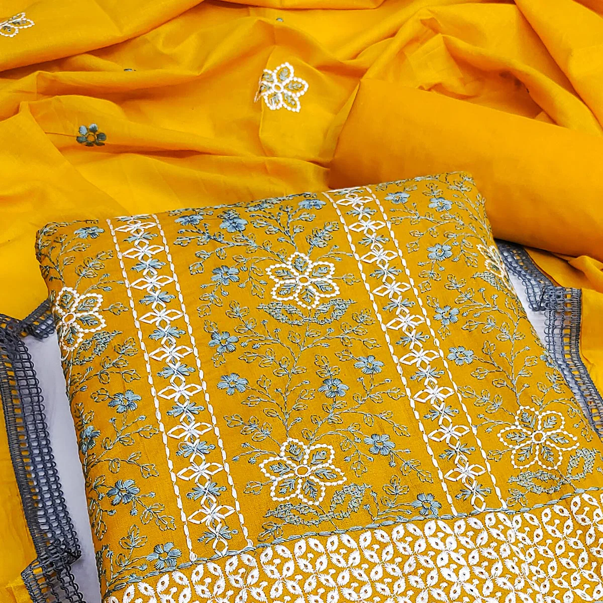 Mustard Floral Embroidered Pure Cotton Dress Material - Image 2