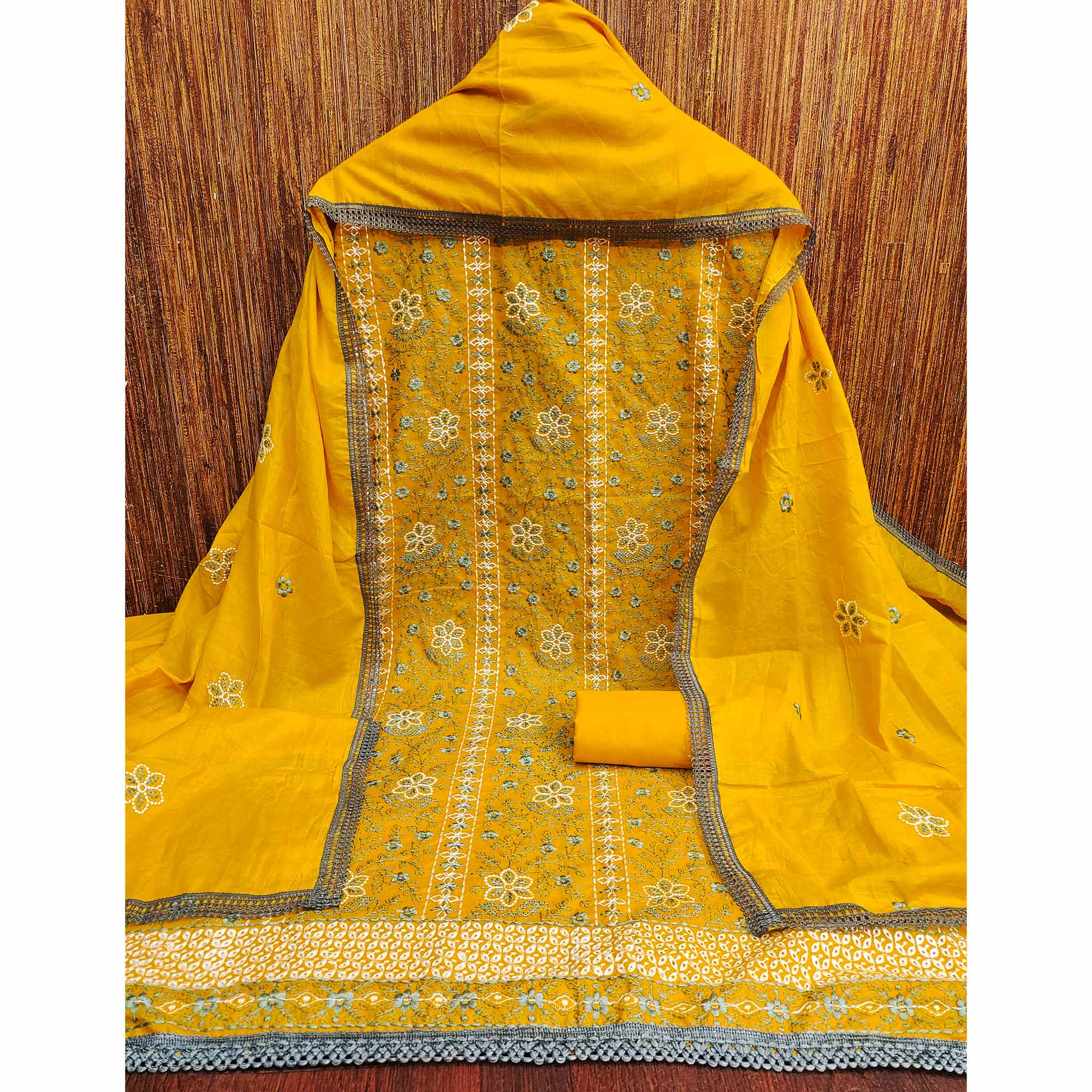 Mustard Floral Embroidered Pure Cotton Dress Material - Image 3