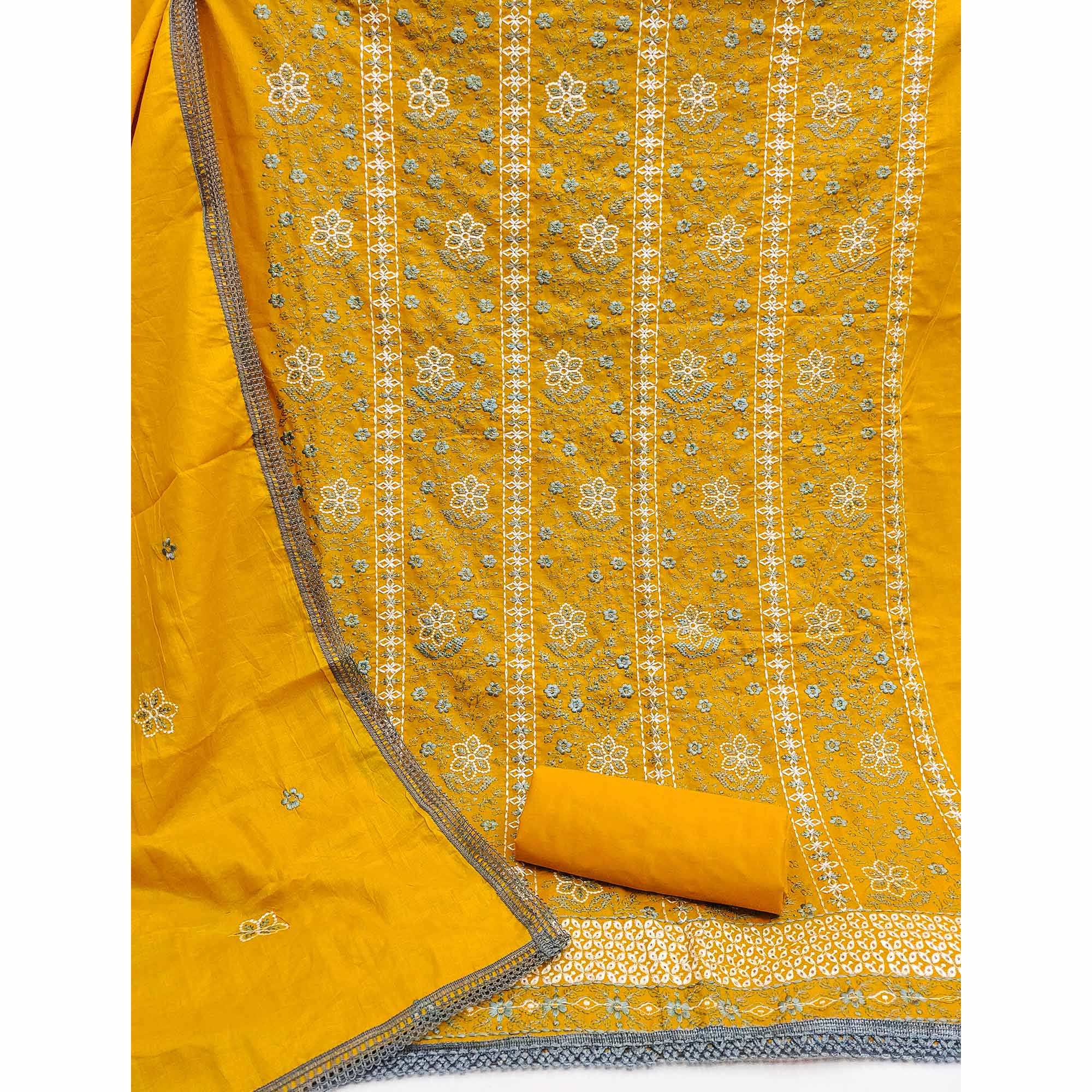 Mustard Floral Embroidered Pure Cotton Dress Material - Image 4