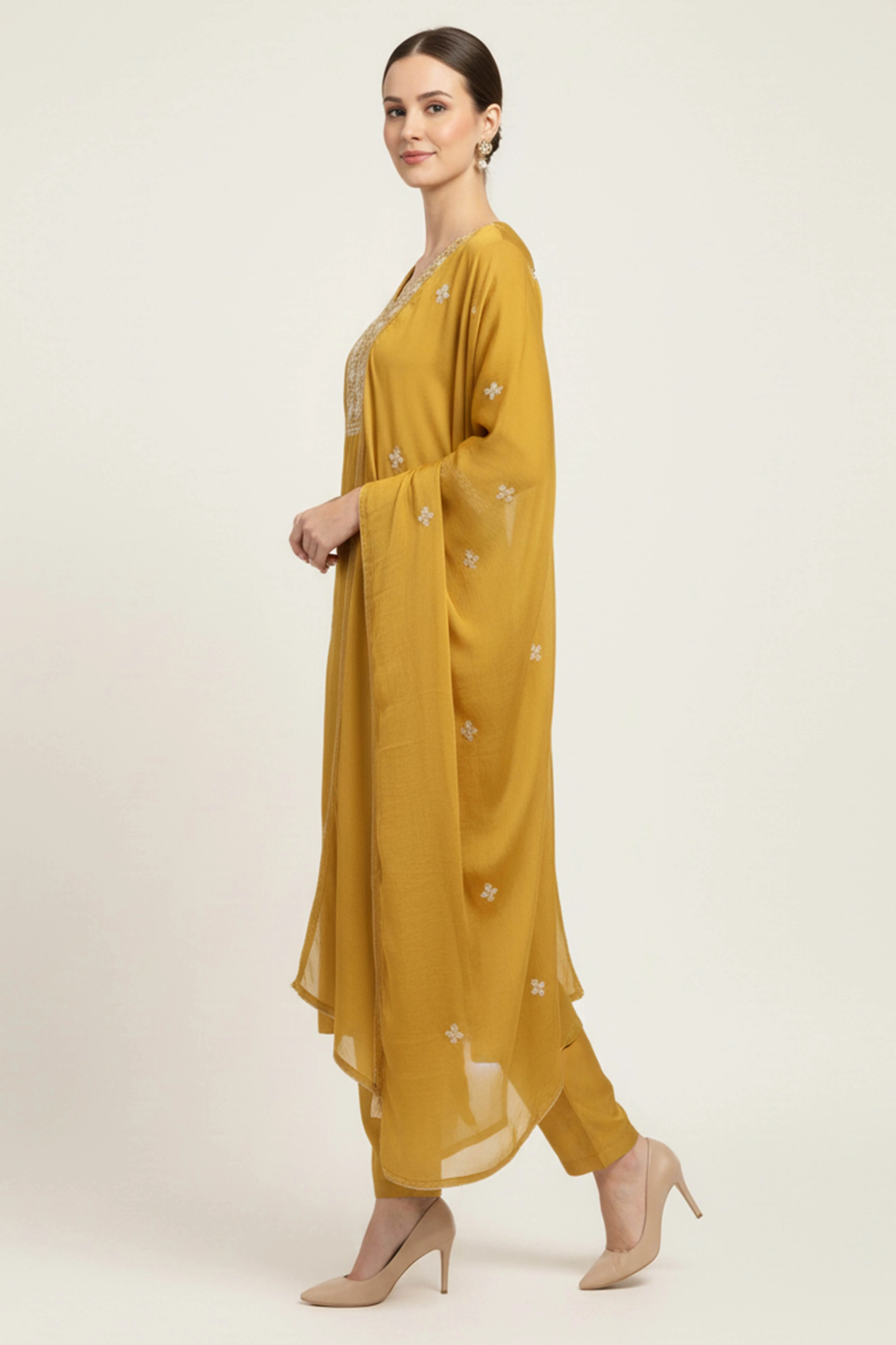 Mustard Floral Embroidered Pure Silk Straight Salwar Suit - Image 4