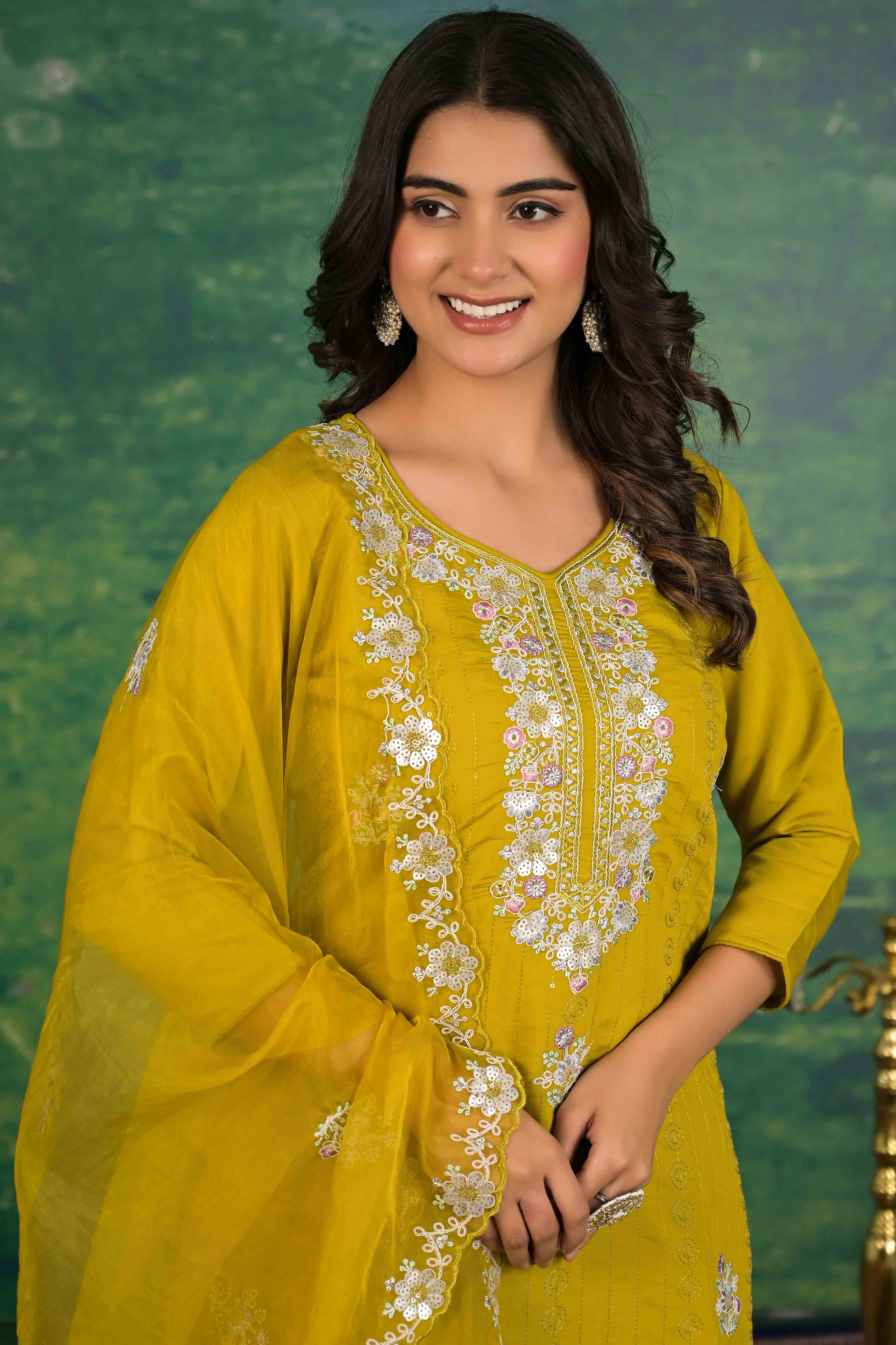 Mustard Floral Embroidered Sequins Work Cotton Silk Straight Salwar Suit - Image 2