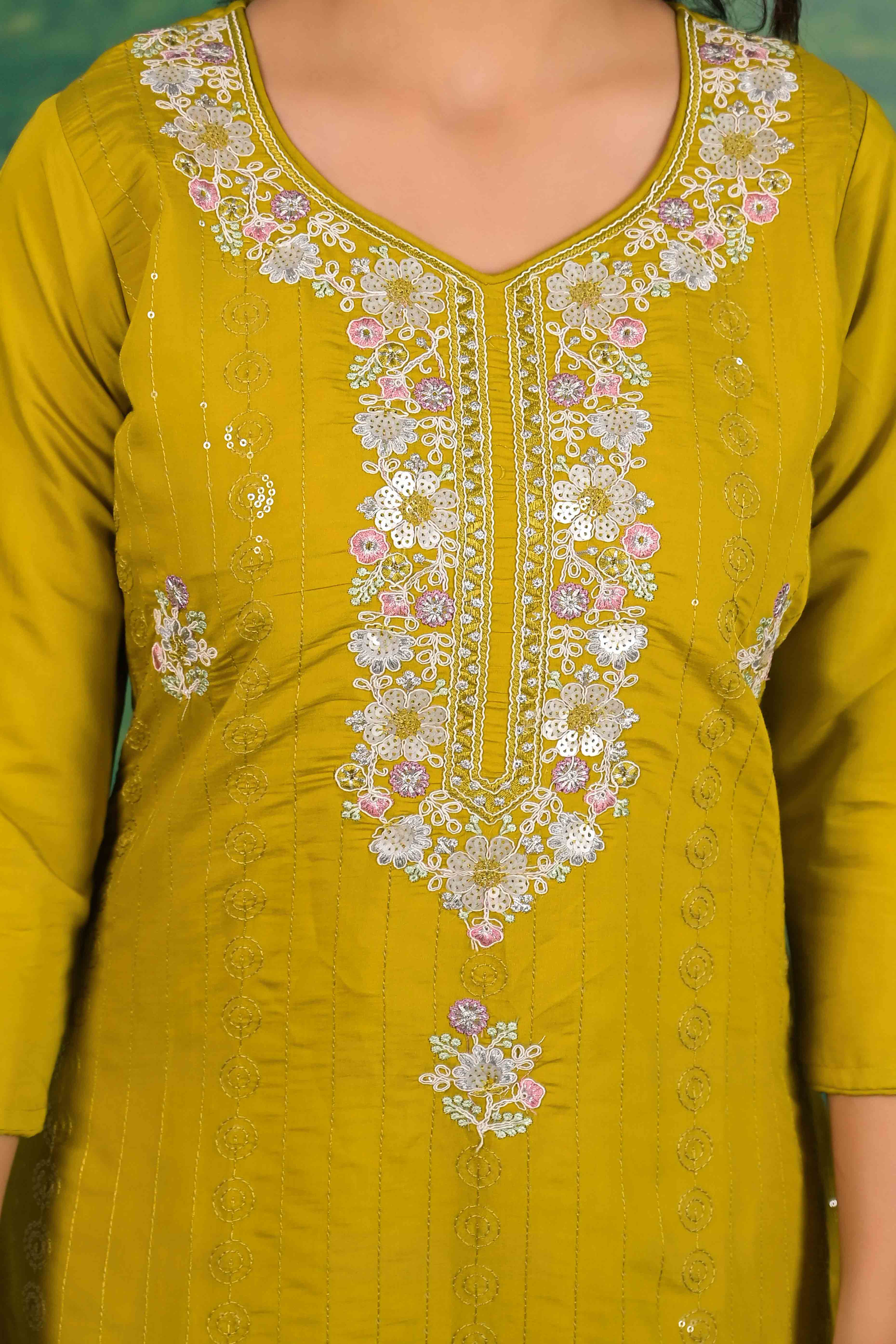 Mustard Floral Embroidered Sequins Work Cotton Silk Straight Salwar Suit - Image 3