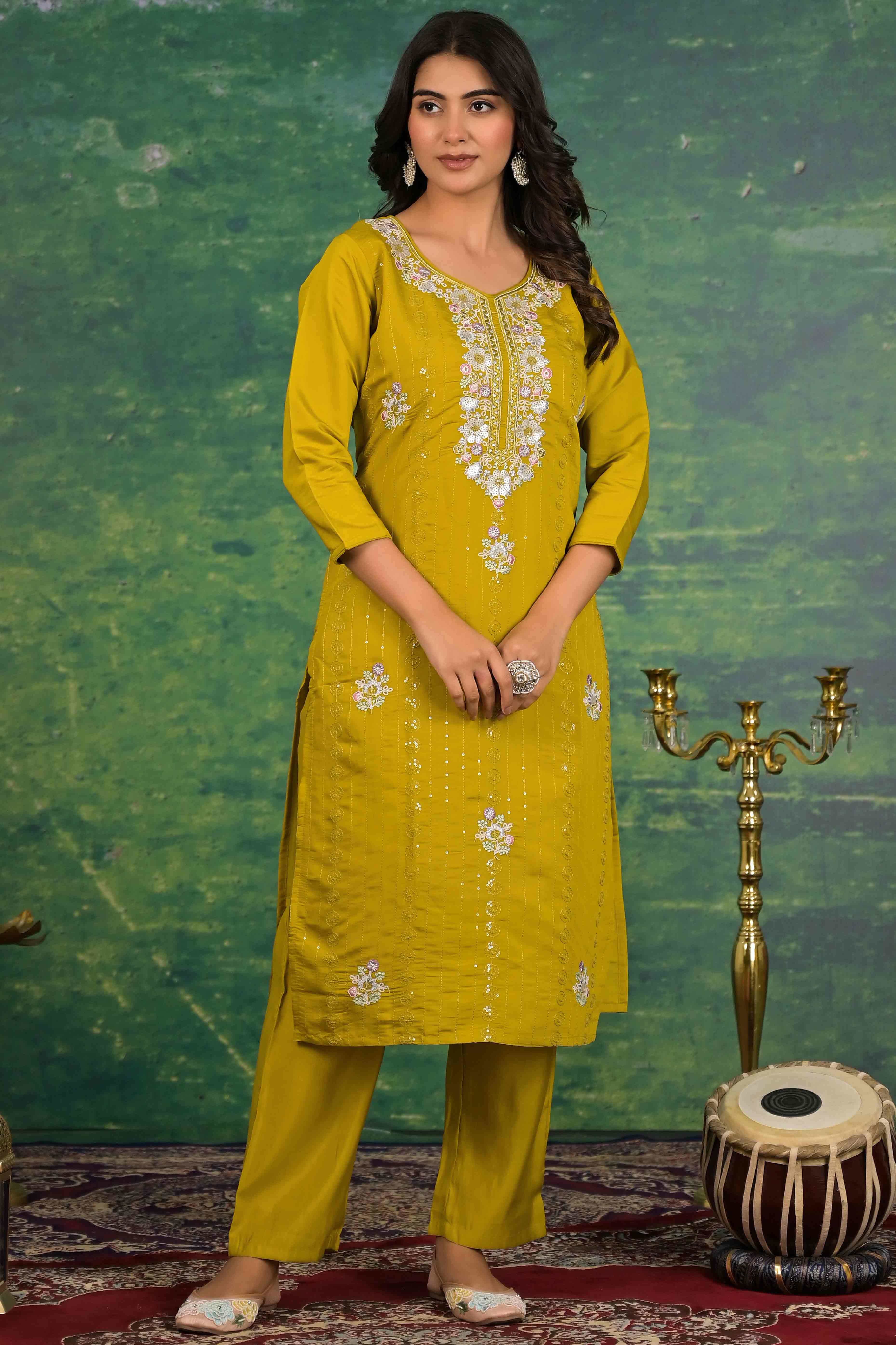 Mustard Floral Embroidered Sequins Work Cotton Silk Straight Salwar Suit - Image 4
