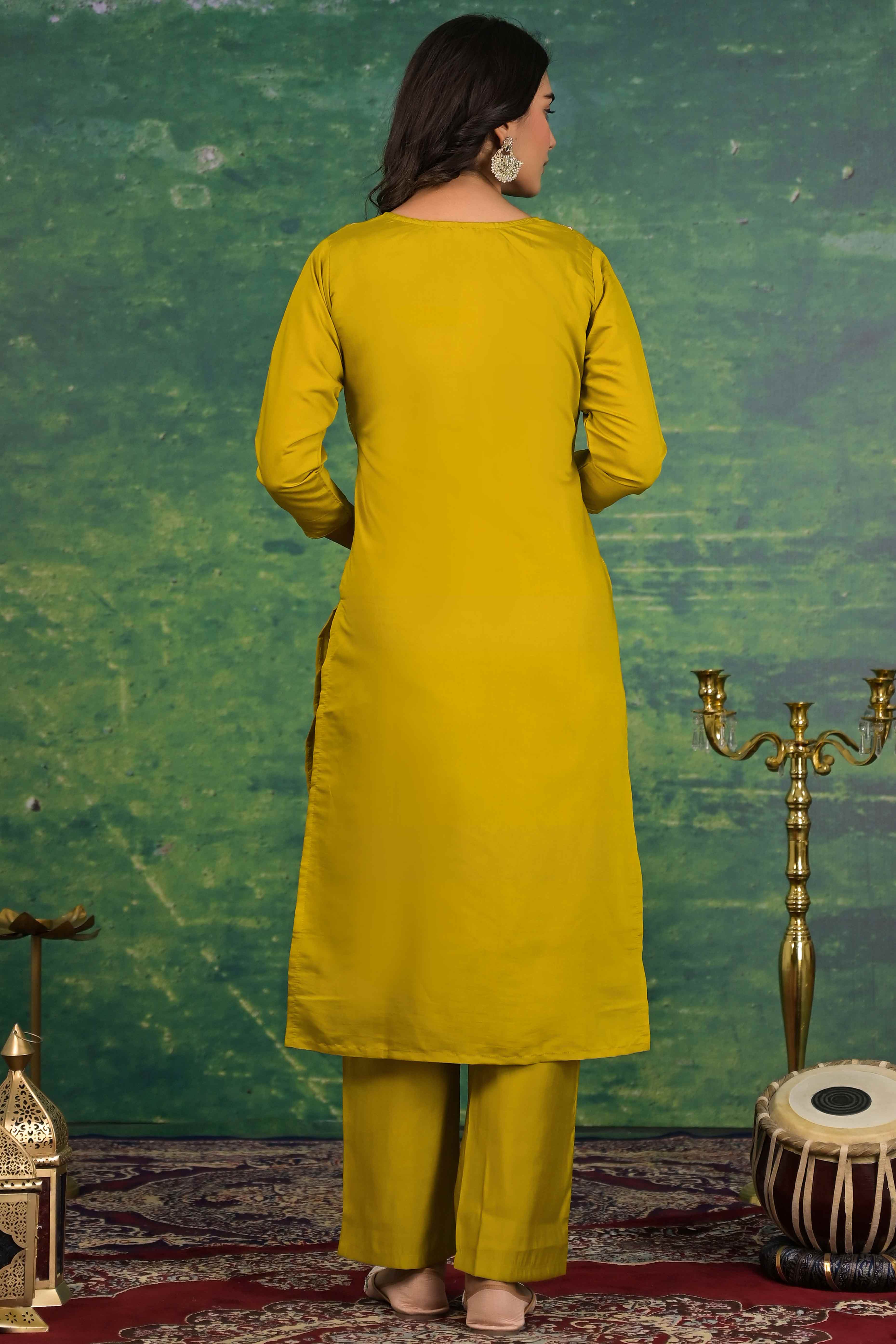Mustard Floral Embroidered Sequins Work Cotton Silk Straight Salwar Suit - Image 5