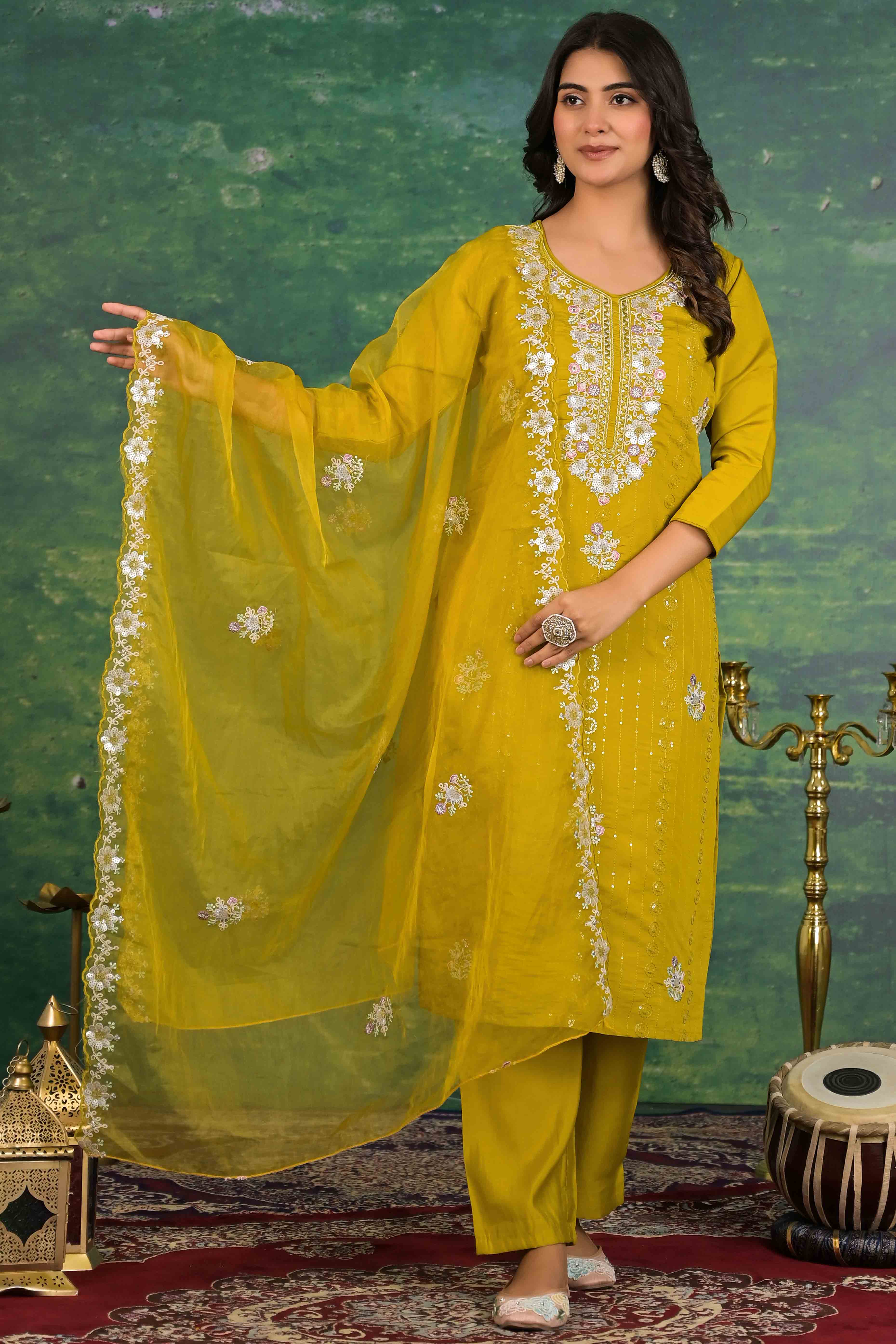 Mustard Floral Embroidered Sequins Work Cotton Silk Straight Salwar Suit - Image 7
