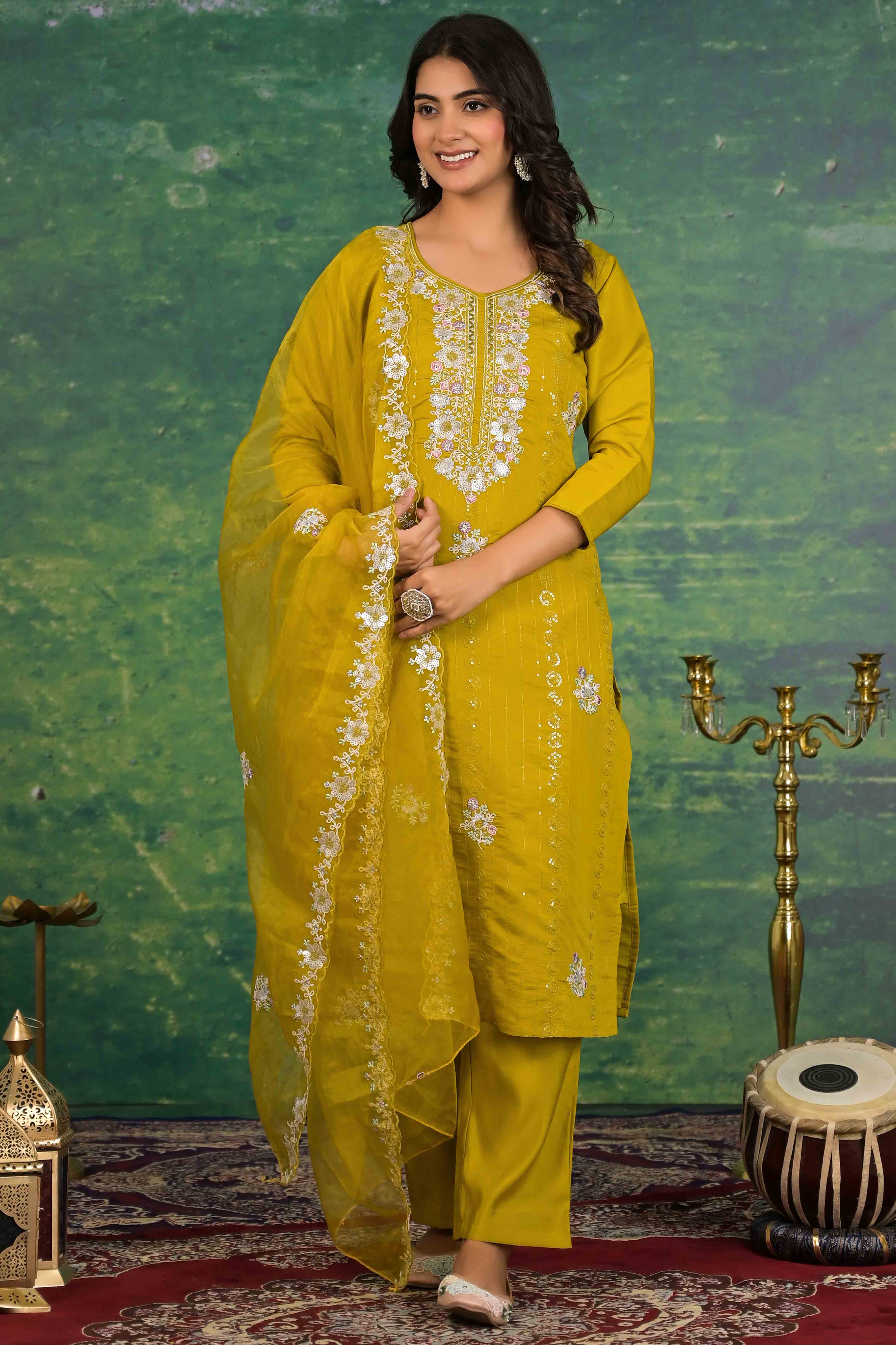 Mustard Floral Embroidered Sequins Work Cotton Silk Straight Salwar Suit - Image 8