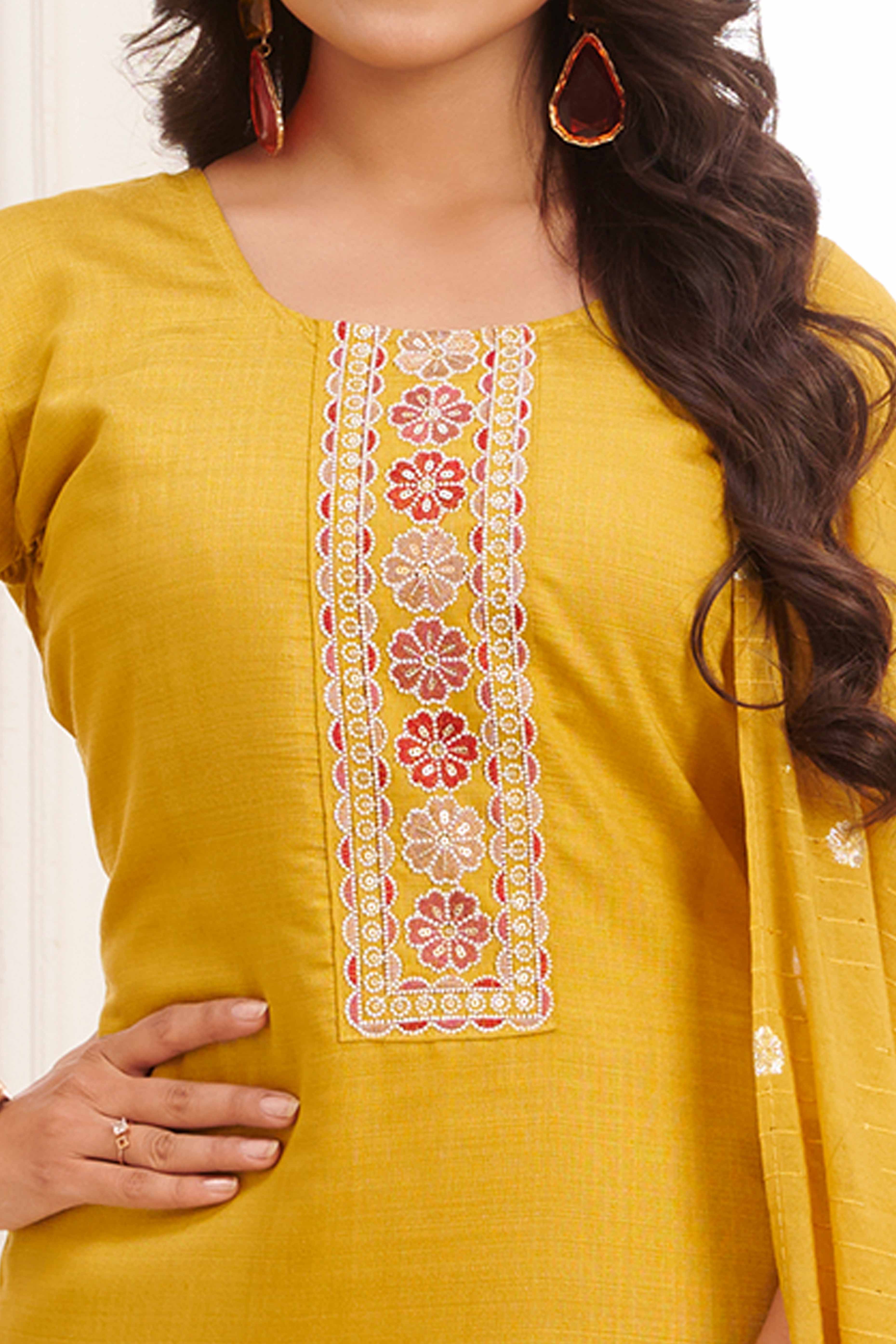 Mustard Floral Embroidered Straight Salwar Suit in Viscose Vertican Silk - Image 2
