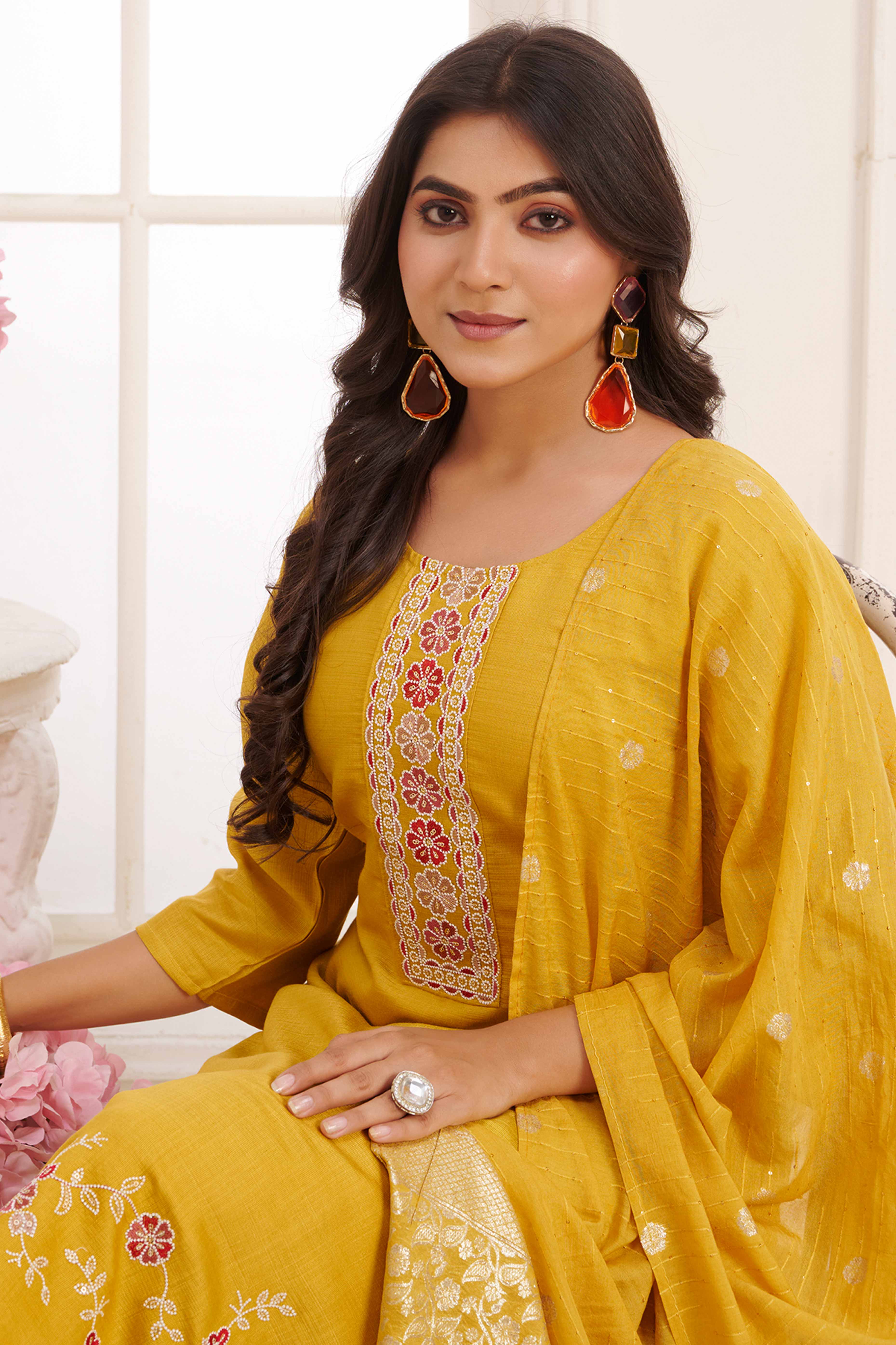 Mustard Floral Embroidered Straight Salwar Suit in Viscose Vertican Silk - Image 3