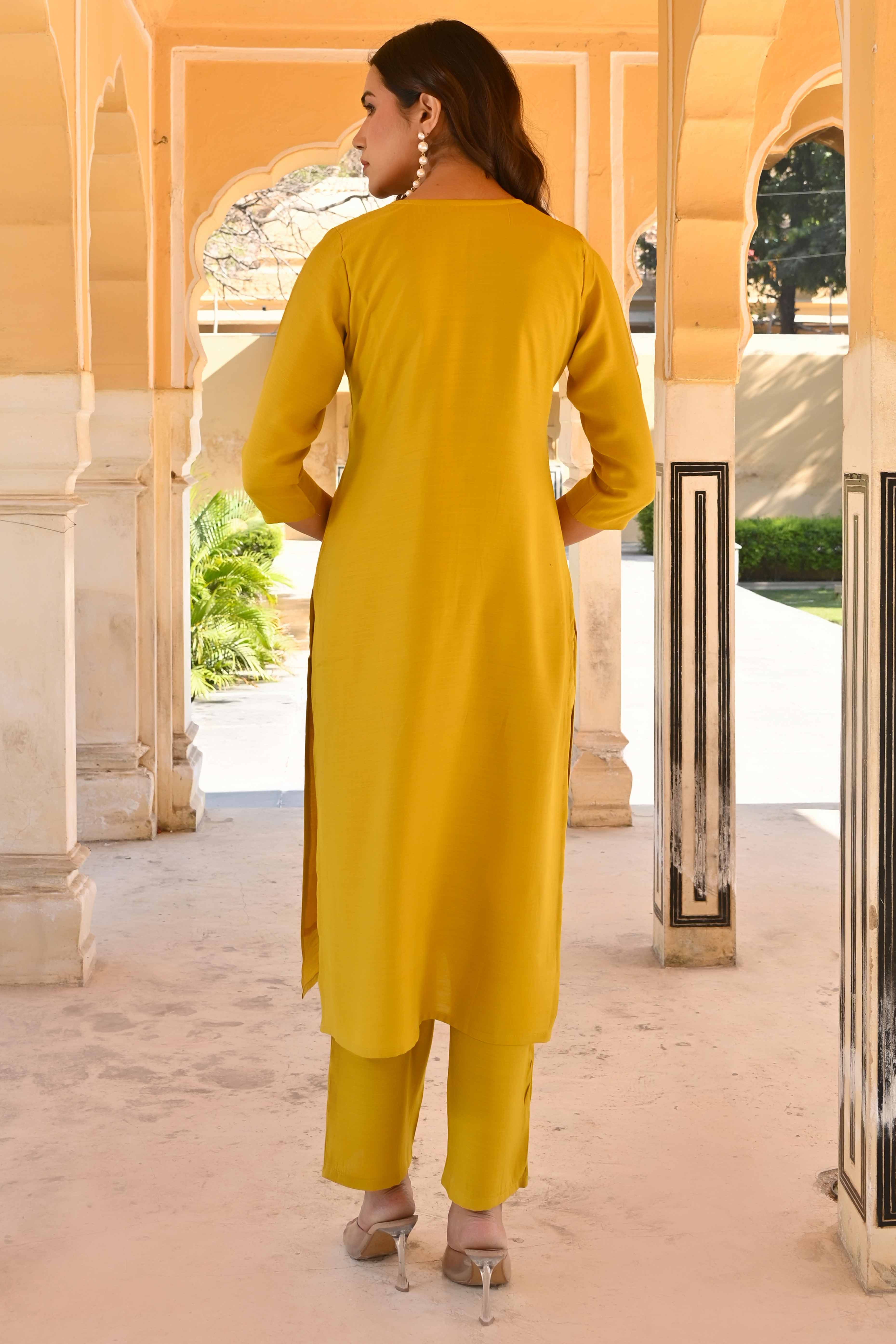 Mustard Floral Embroidered Viscose Straight Salwar Suit - Image 2
