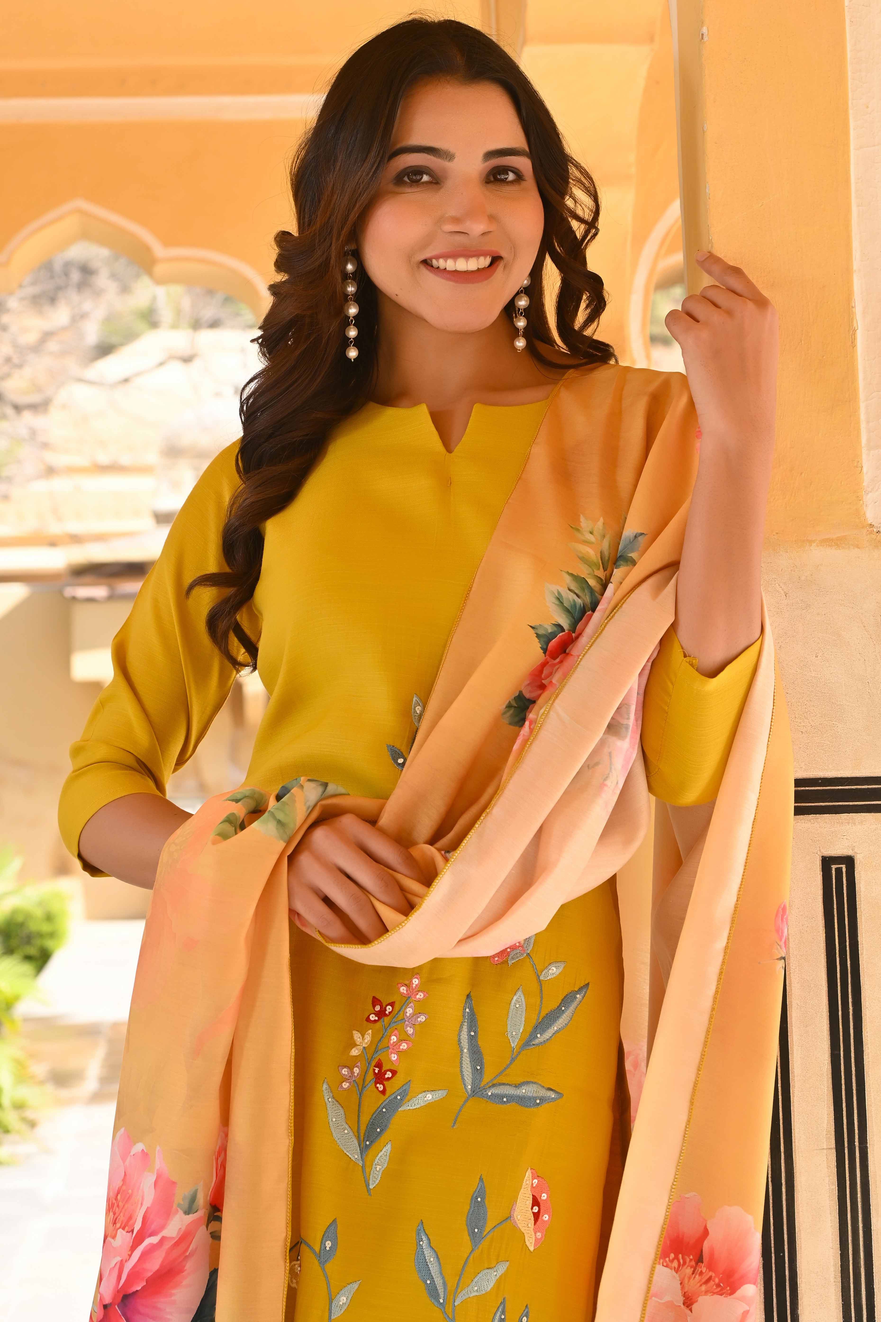 Mustard Floral Embroidered Viscose Straight Salwar Suit - Image 3