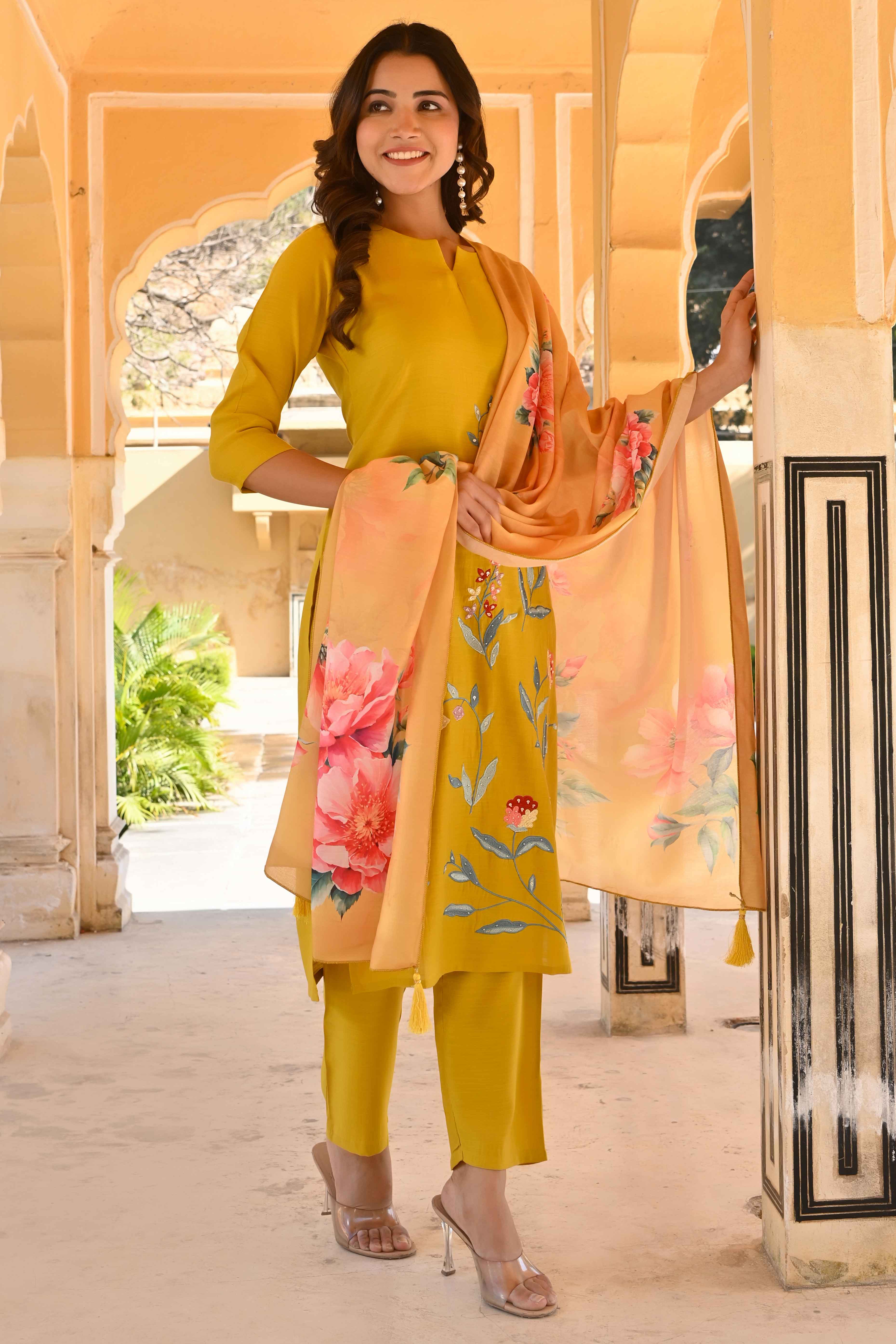 Mustard Floral Embroidered Viscose Straight Salwar Suit - Image 4