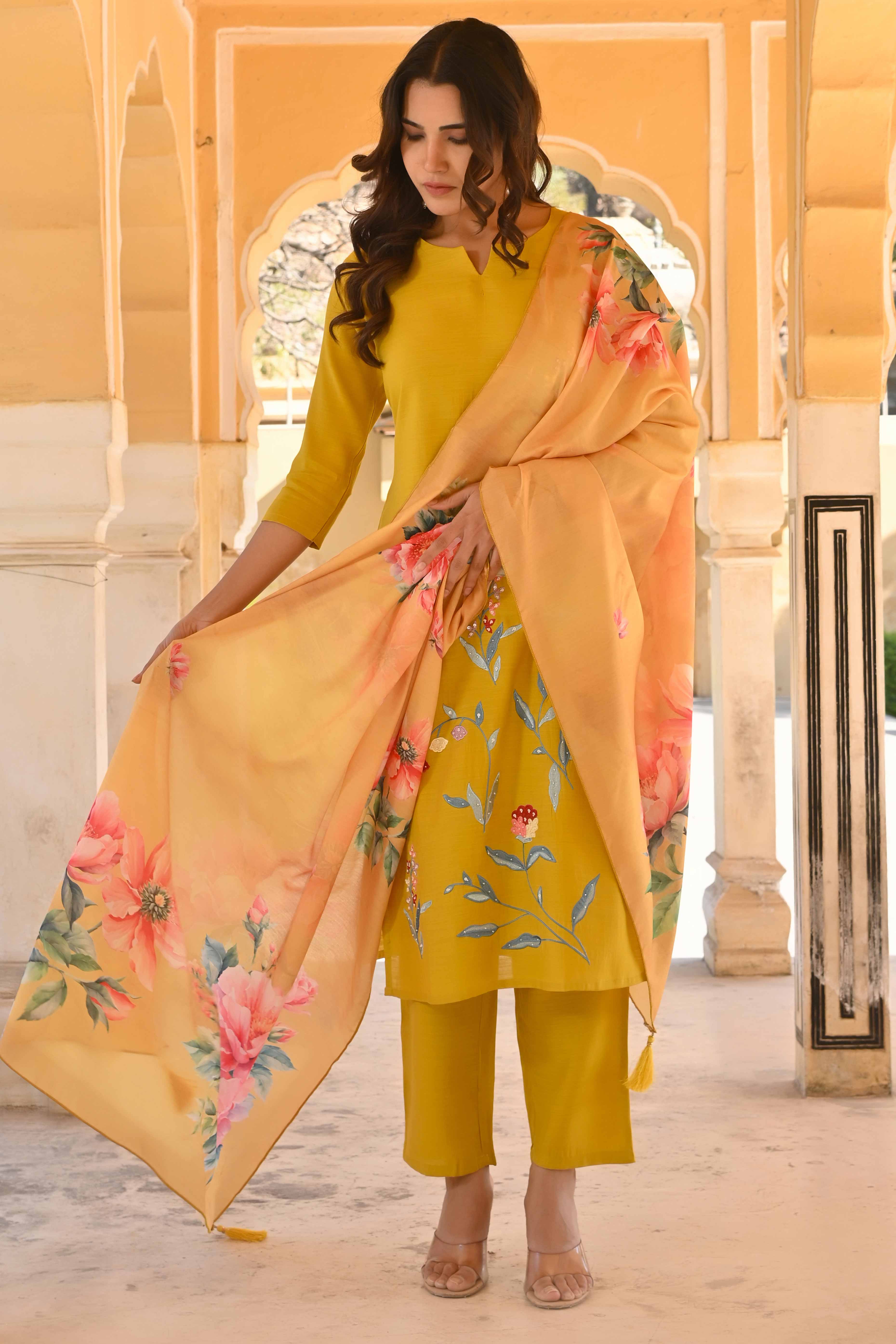 Mustard Floral Embroidered Viscose Straight Salwar Suit - Image 5