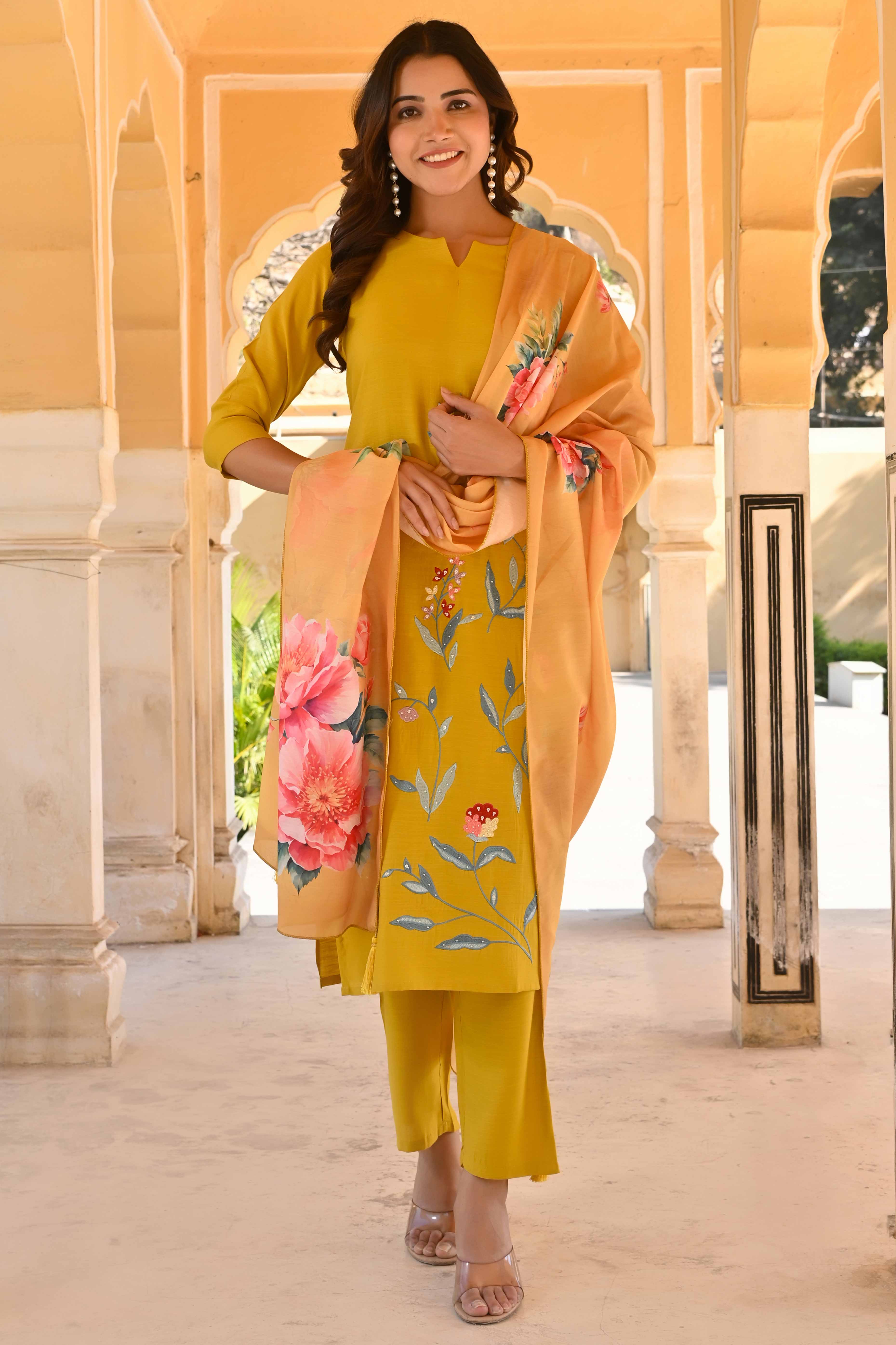 Mustard Floral Embroidered Viscose Straight Salwar Suit - Image 6