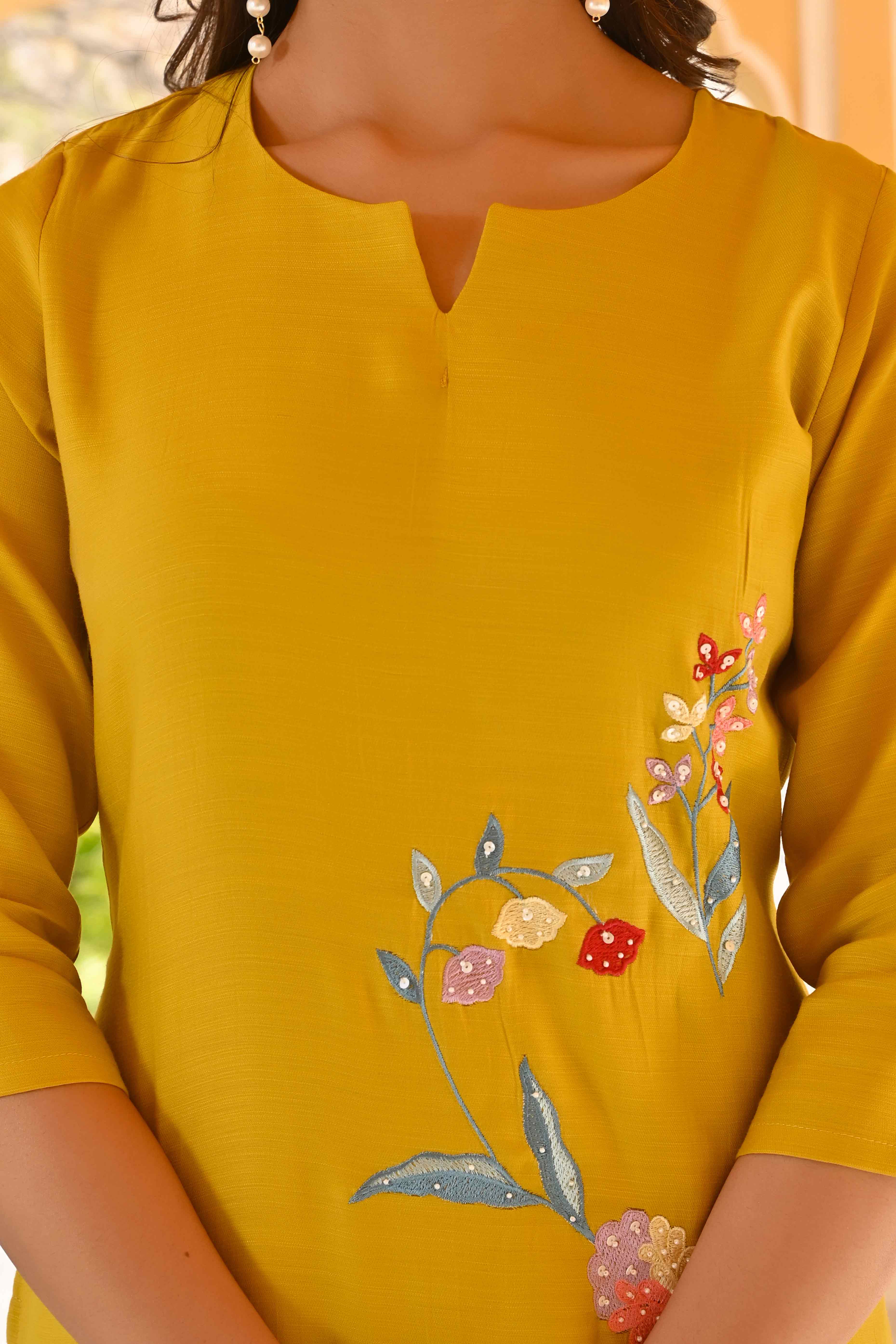 Mustard Floral Embroidered Viscose Straight Salwar Suit - Image 7
