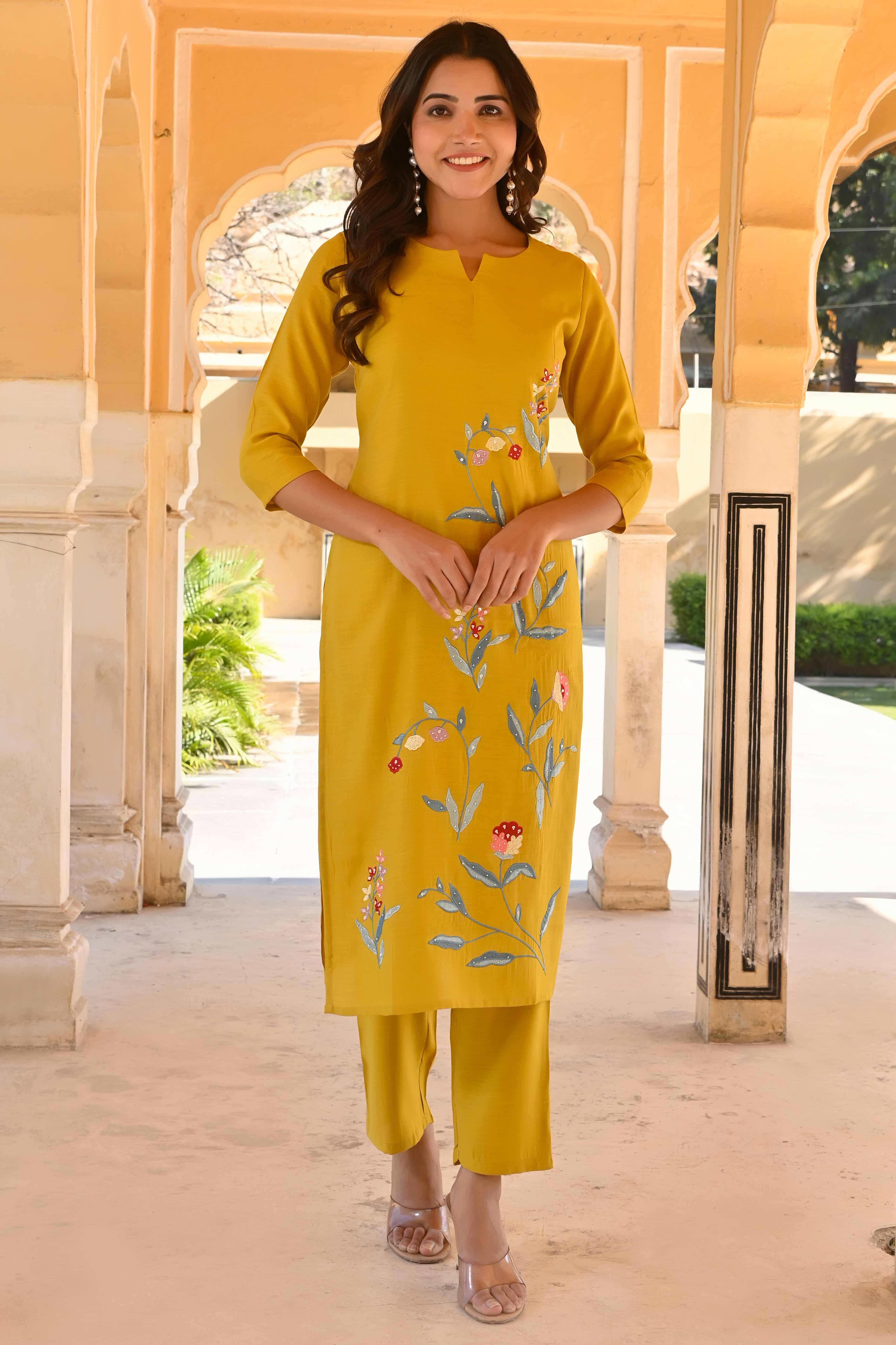 Mustard Floral Embroidered Viscose Straight Salwar Suit - Image 9