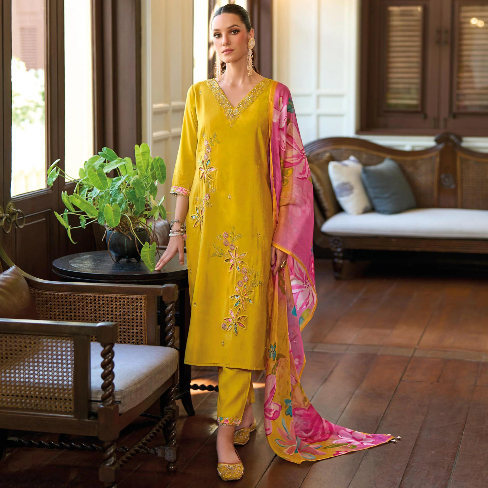 Mustard Floral Handwork Embroidered Viscose Salwar Suit - Image 2