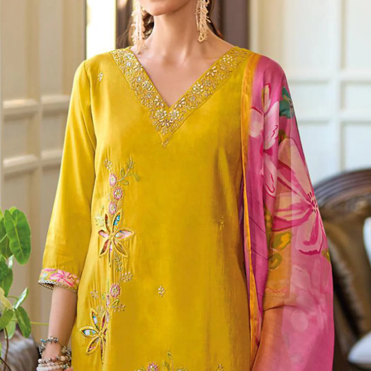 Mustard Floral Handwork Embroidered Viscose Salwar Suit - Image 3