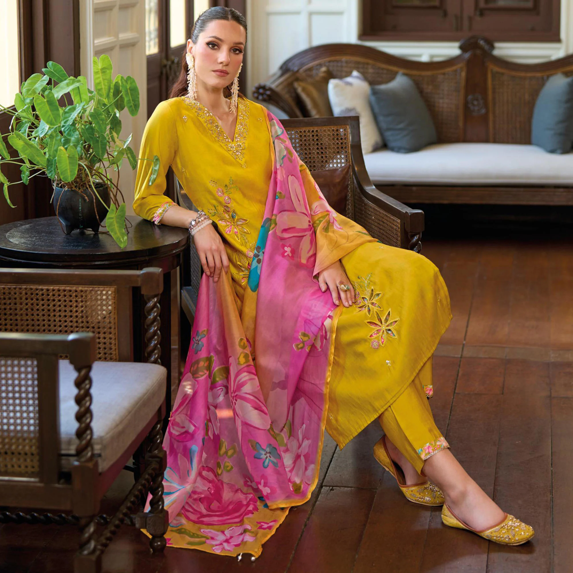 Mustard Floral Handwork Embroidered Viscose Salwar Suit - Image 4