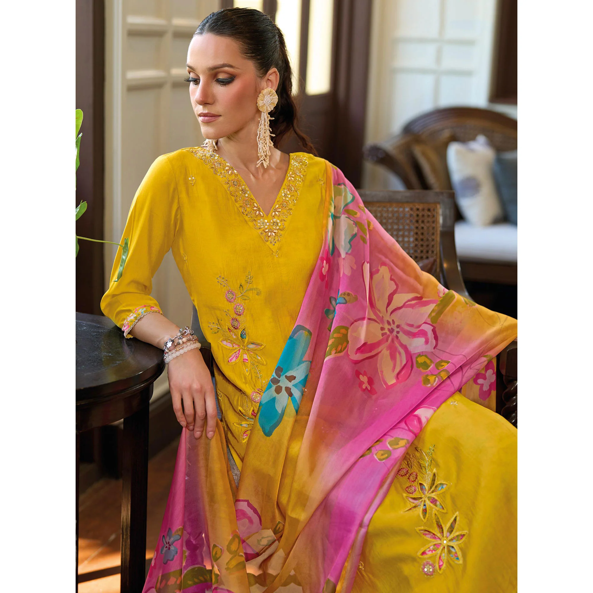 Mustard Floral Handwork Embroidered Viscose Salwar Suit - Image 5
