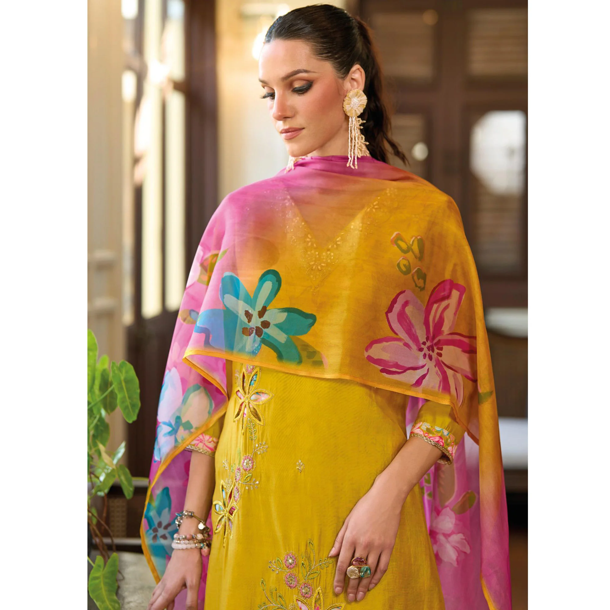 Mustard Floral Handwork Embroidered Viscose Salwar Suit - Image 6