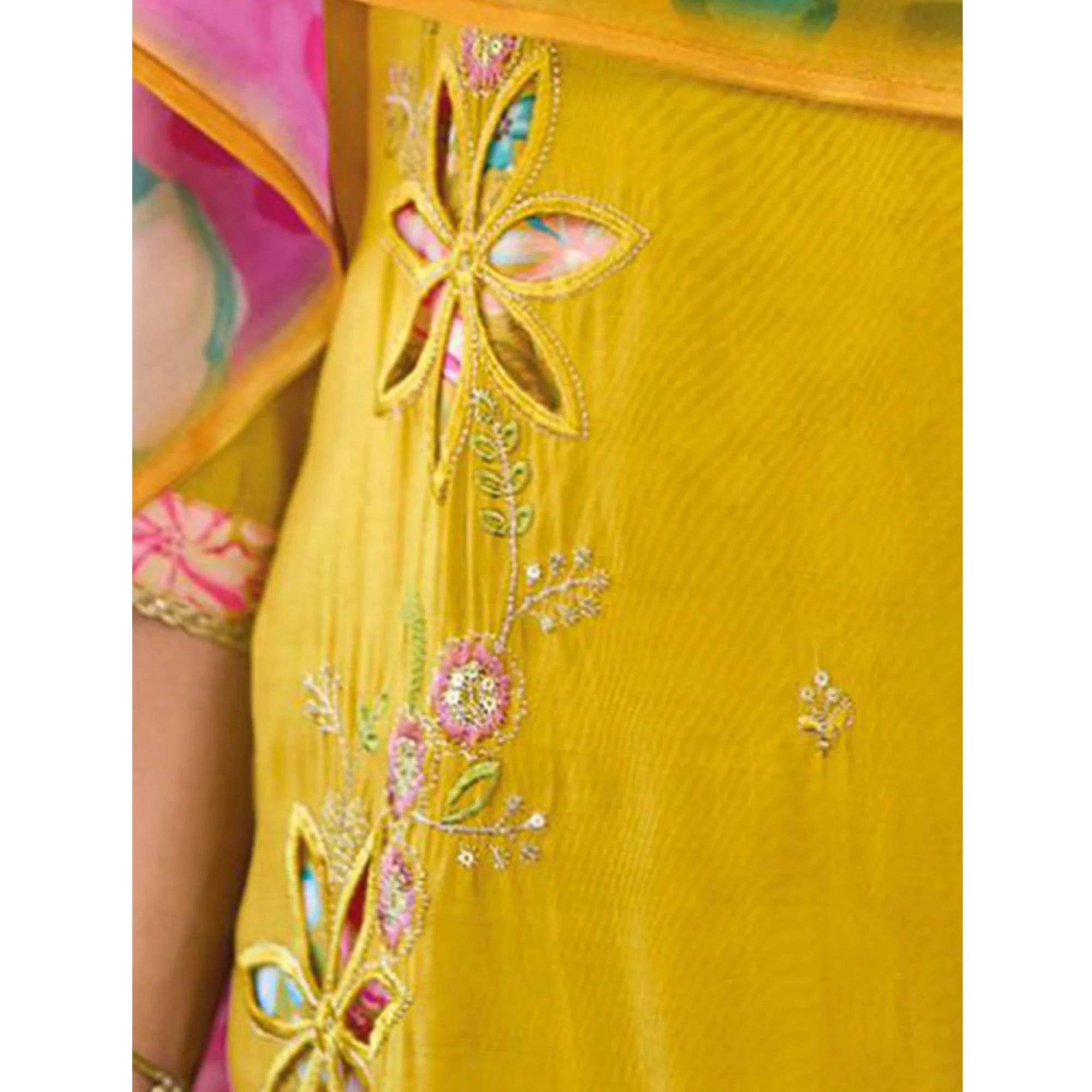 Mustard Floral Handwork Embroidered Viscose Salwar Suit - Image 7