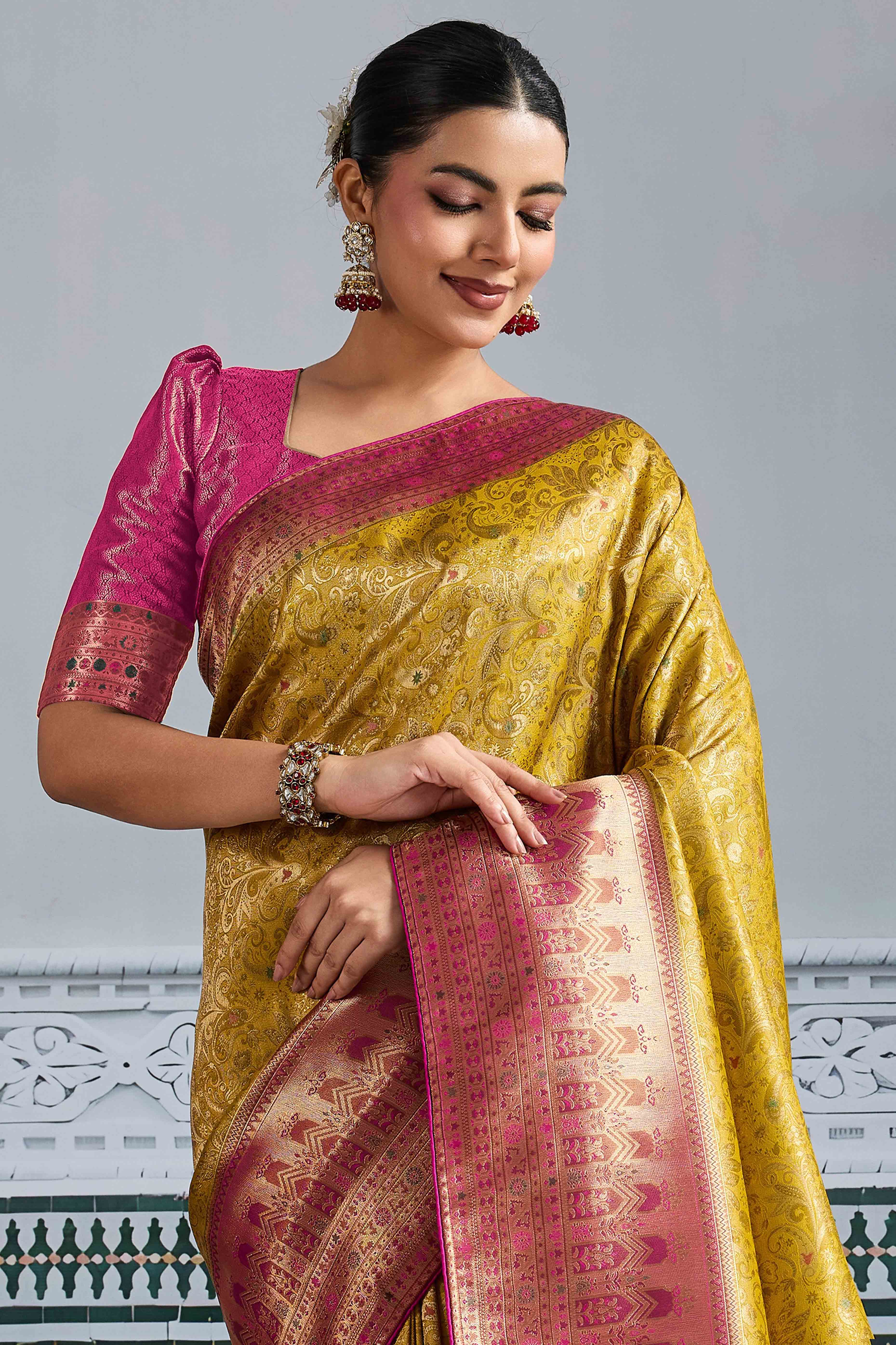 Mustard Floral Meenakari Weaving Kanjivaram Silk Saree With Rich Piping & Tassel Pallu - Image 6