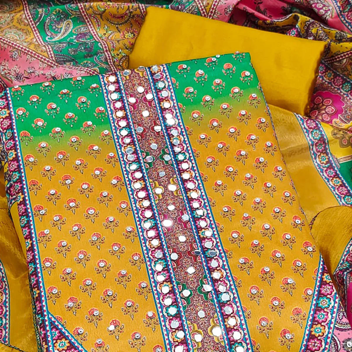 Mustard Floral Printed Chinon Dress Material Embellished With Mirror & Stone Work - Image 2