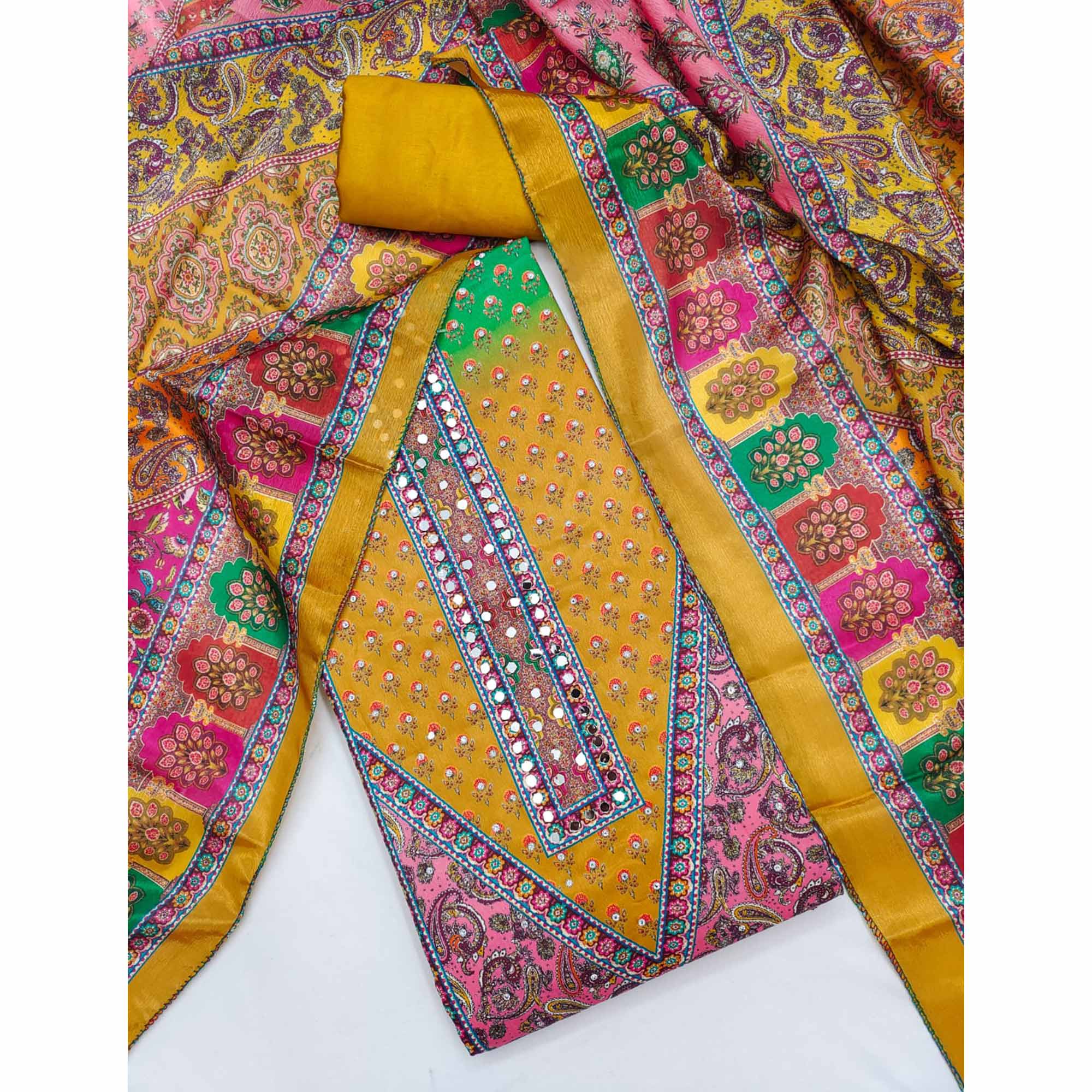 Mustard Floral Printed Chinon Dress Material Embellished With Mirror & Stone Work - Image 3