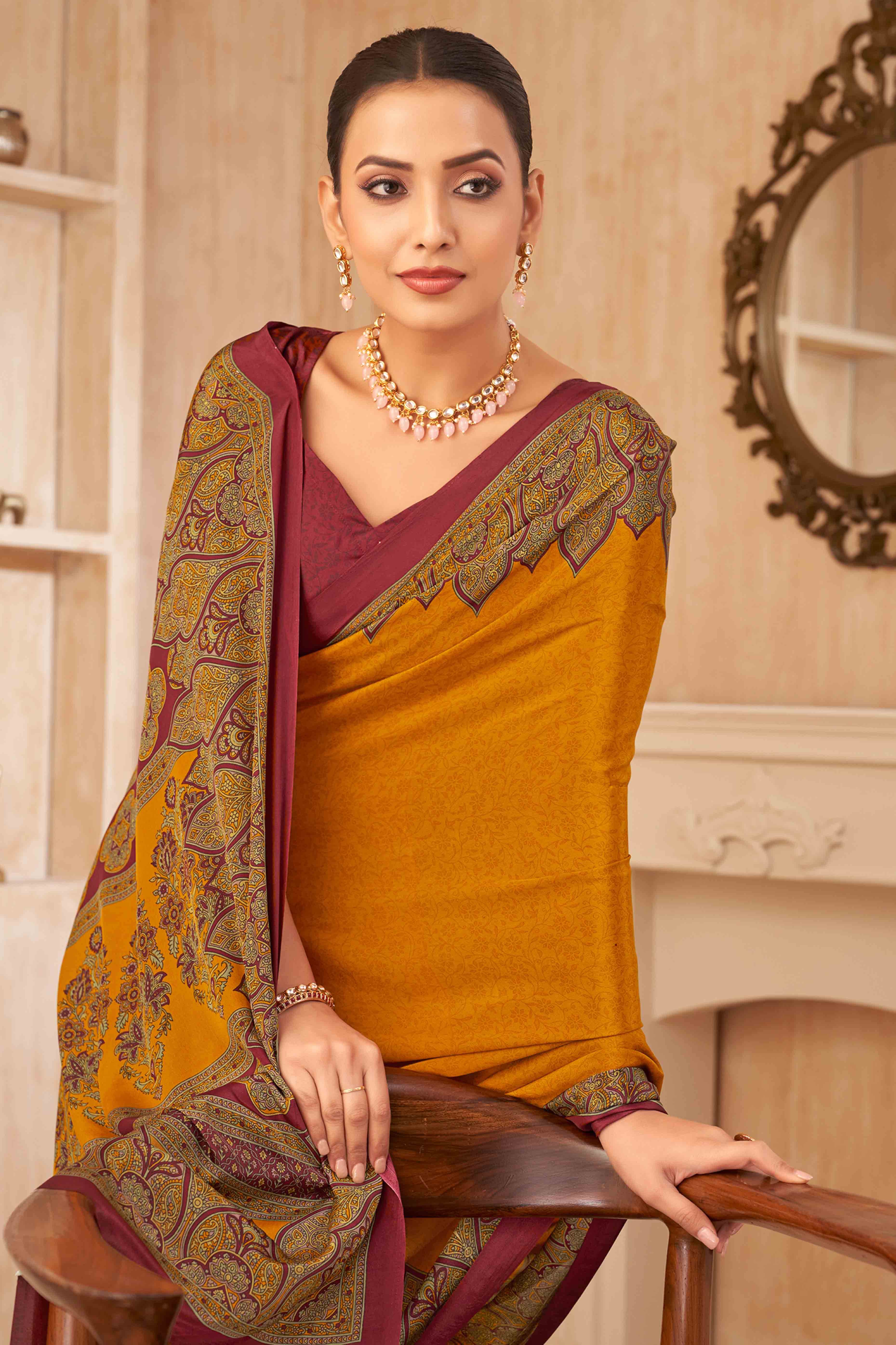 Mustard Floral Printed Crepe Silk Saree - Image 3