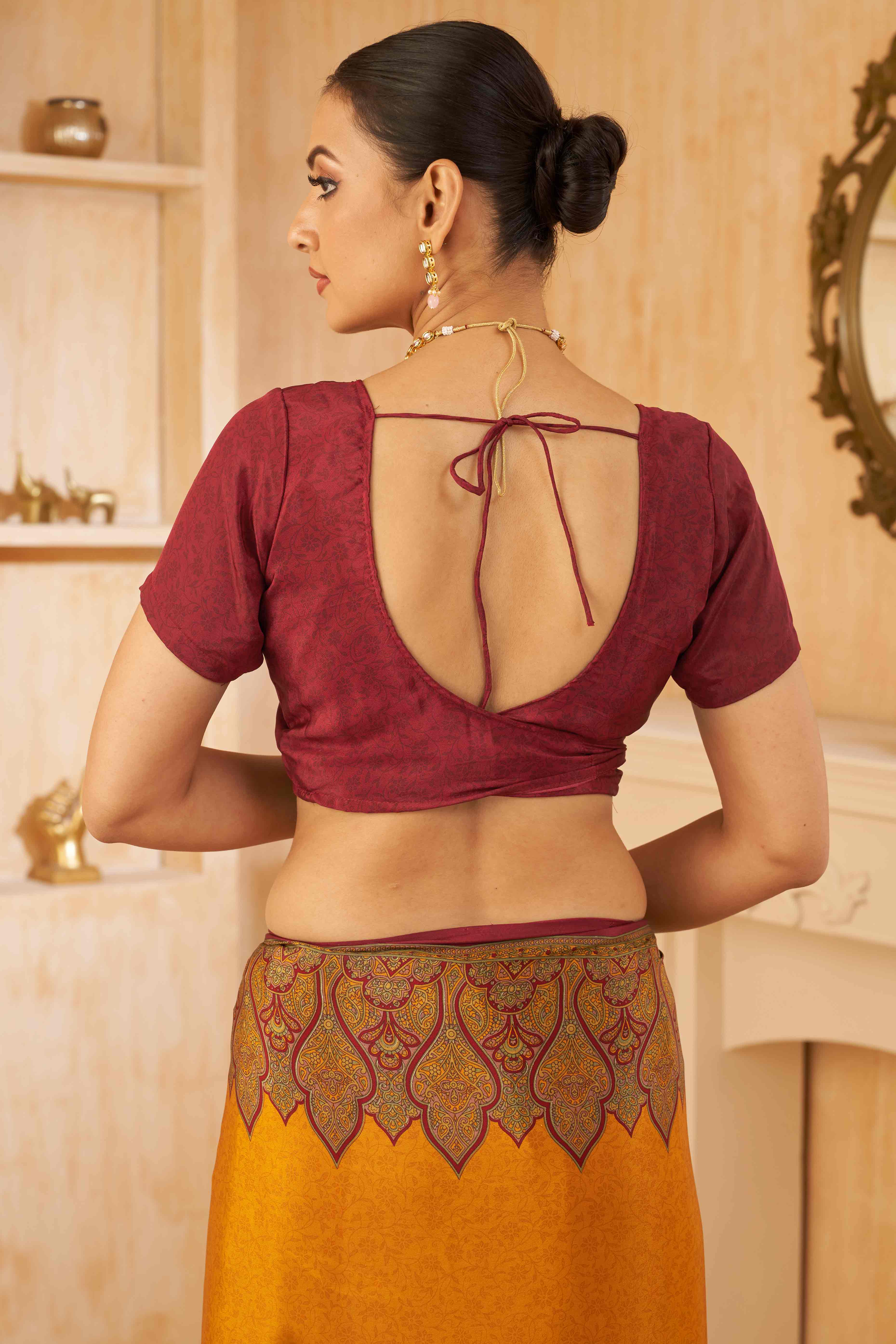 Mustard Floral Printed Crepe Silk Saree - Image 5