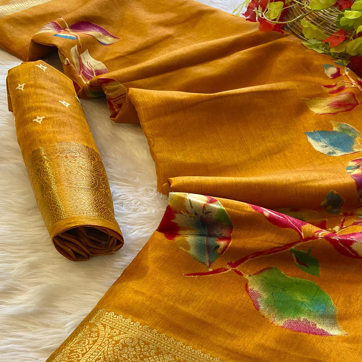 Mustard Floral Printed Dola Silk Saree - Image 2