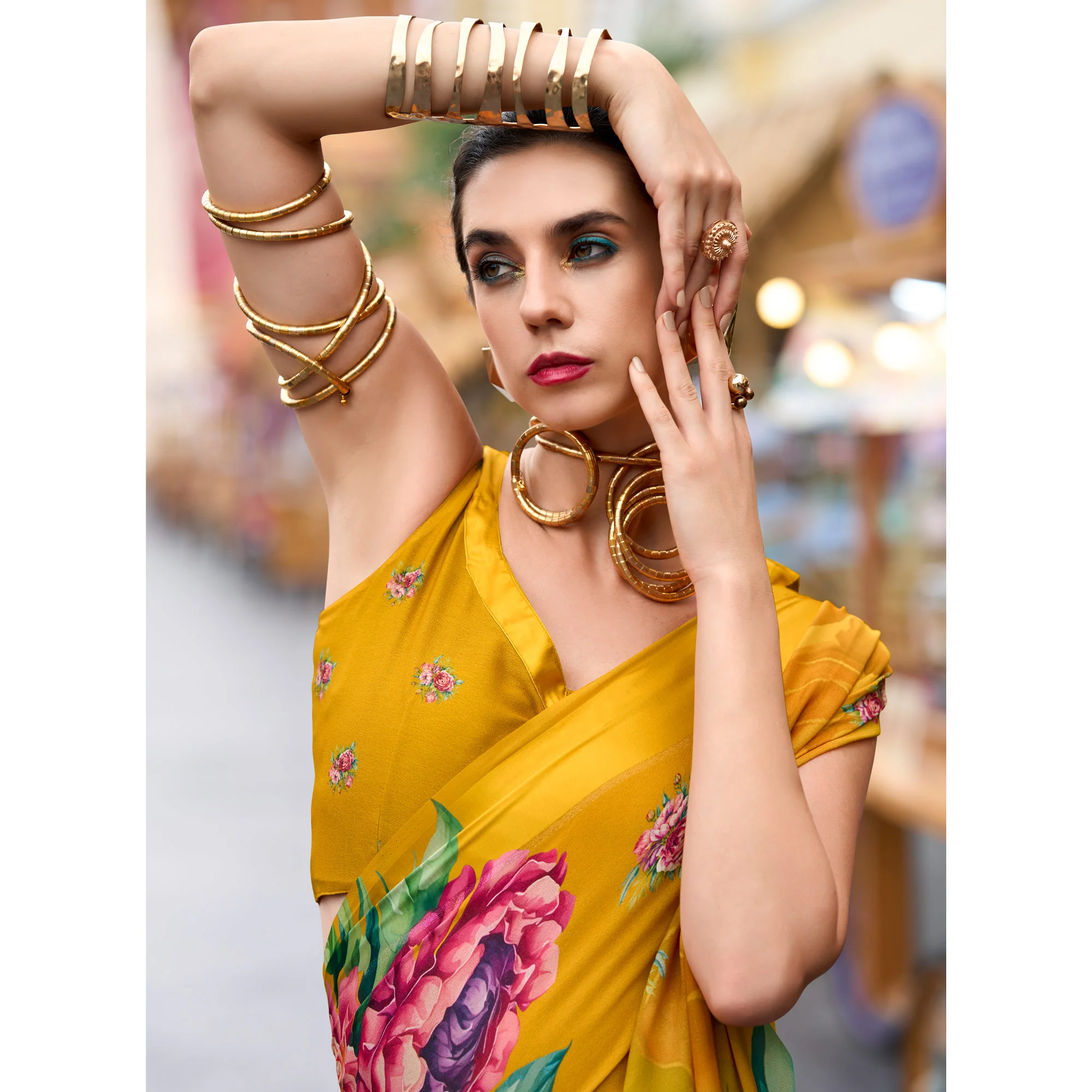 Mustard Floral Printed Georgette Saree - Image 3