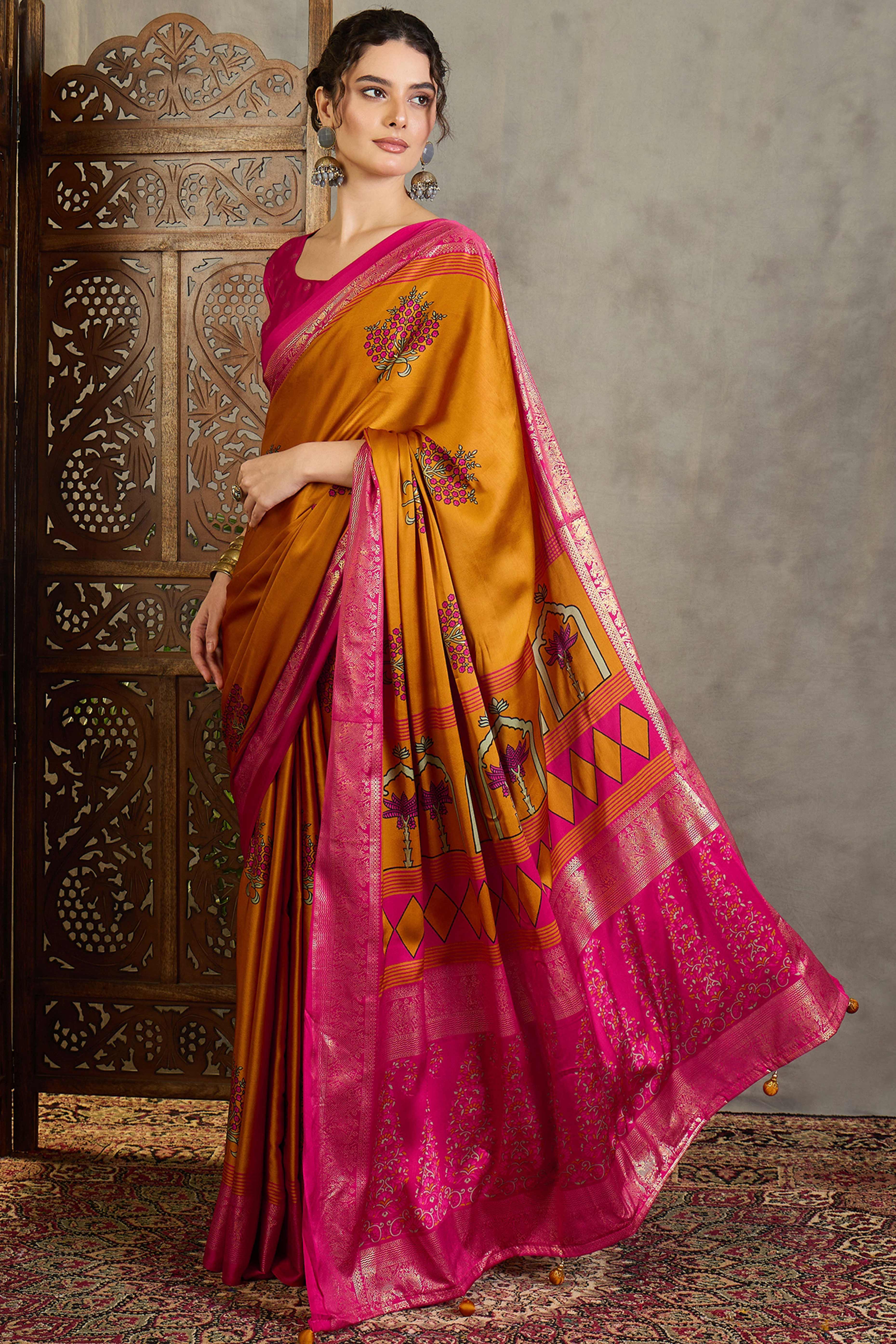 Mustard Floral Printed Modal Satin Saree with Traditional Zari Detailing - Image 4