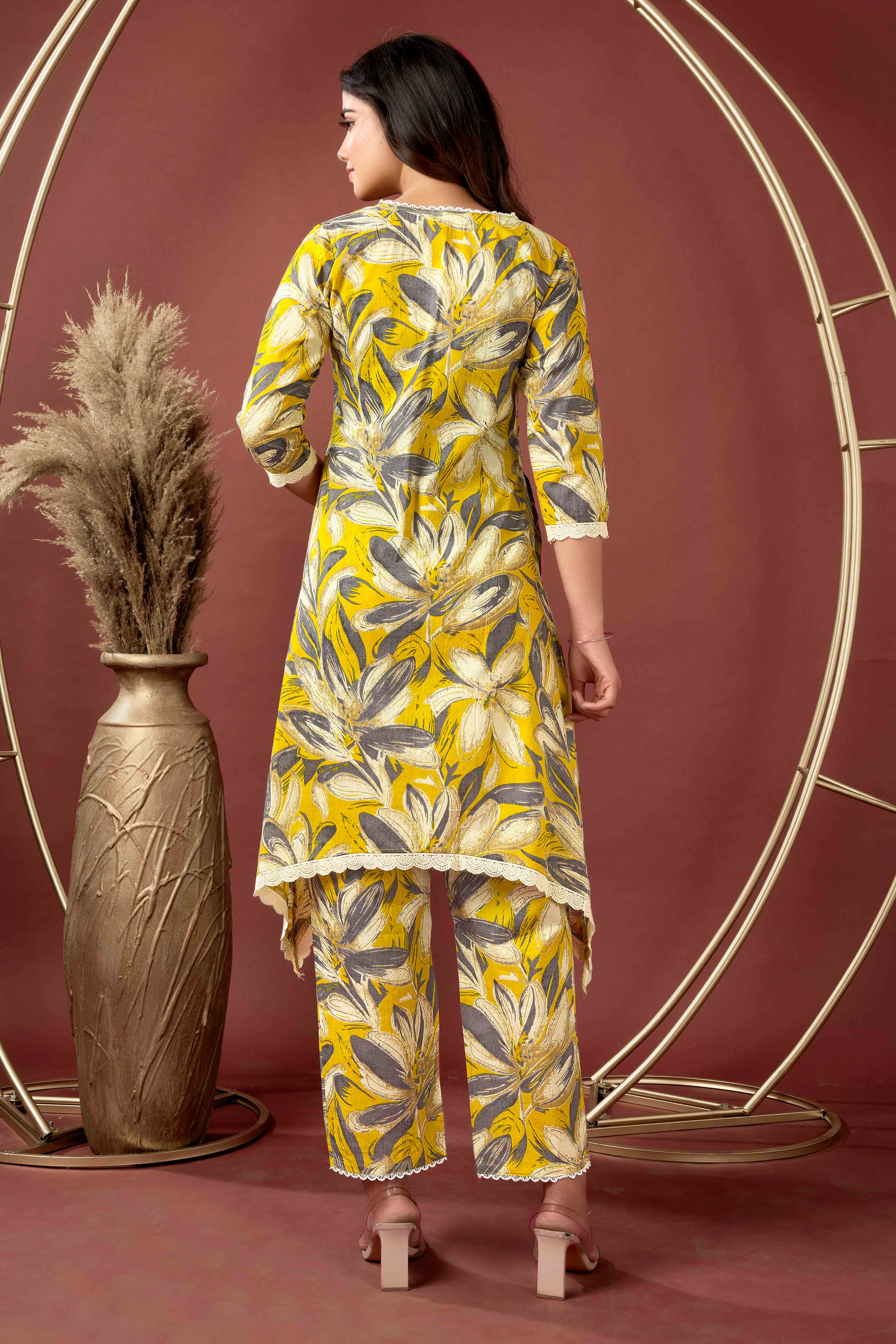 Mustard Floral Printed Pure Cotton A-Line Co-Ord Set - Image 4