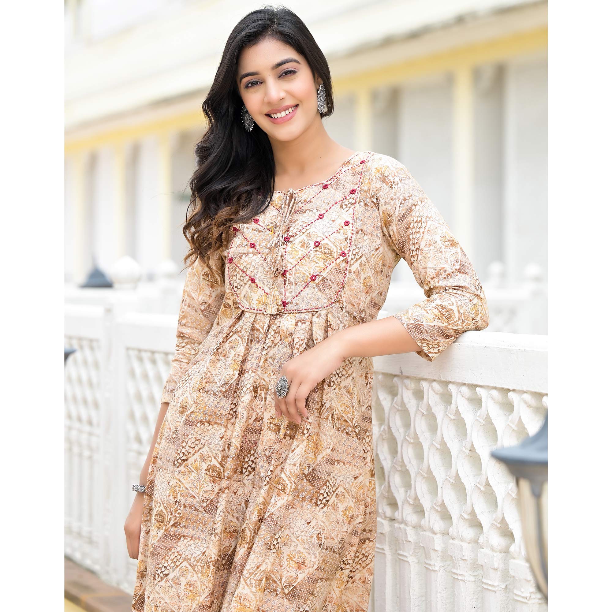 Mustard Floral Printed Pure Cotton A-Line Dress - Image 10