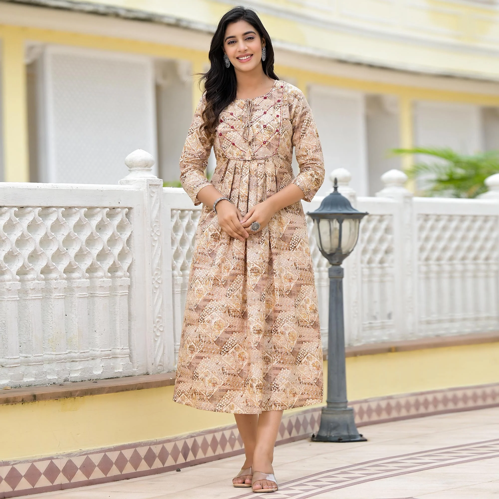 Mustard Floral Printed Pure Cotton A-Line Dress - Image 2