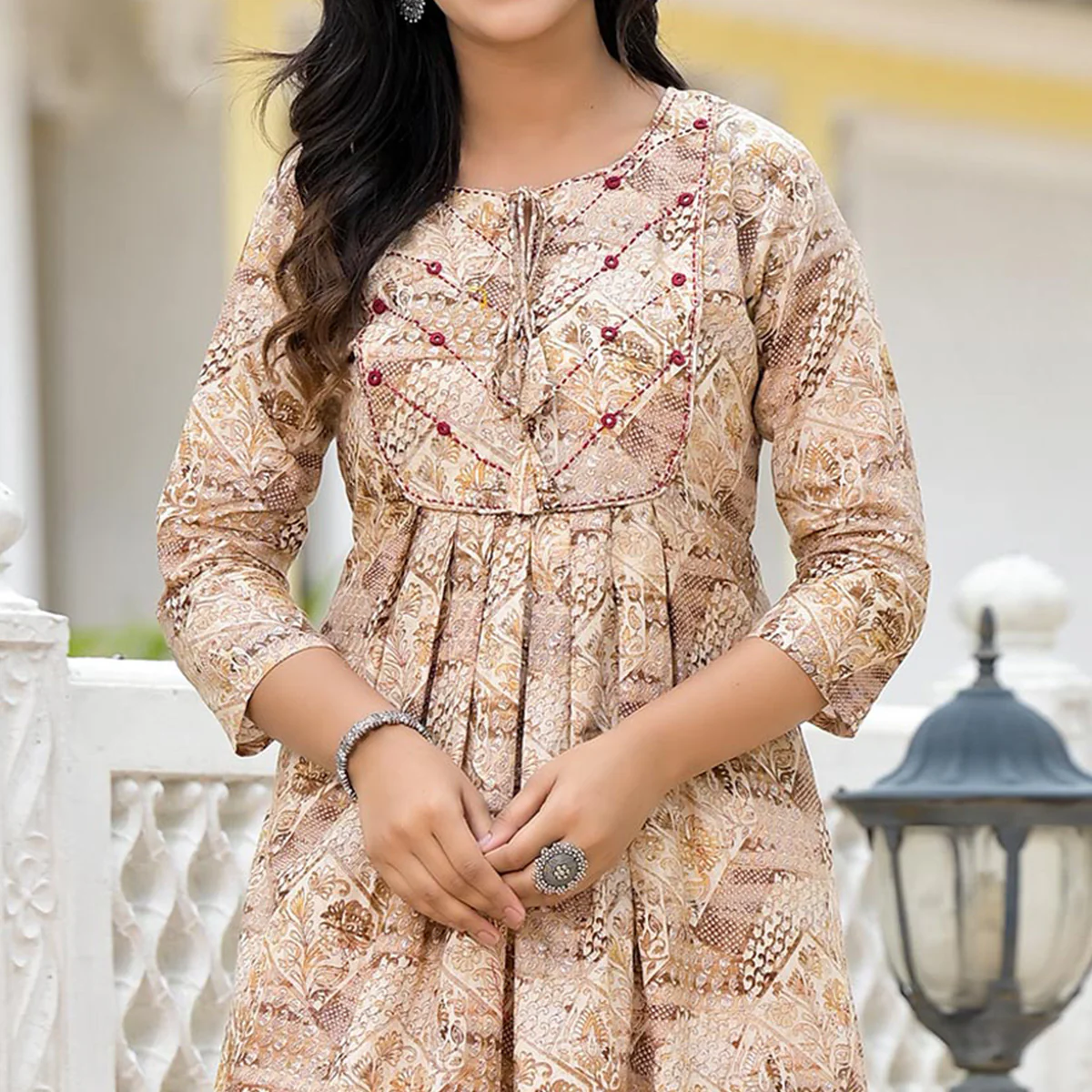 Mustard Floral Printed Pure Cotton A-Line Dress - Image 3